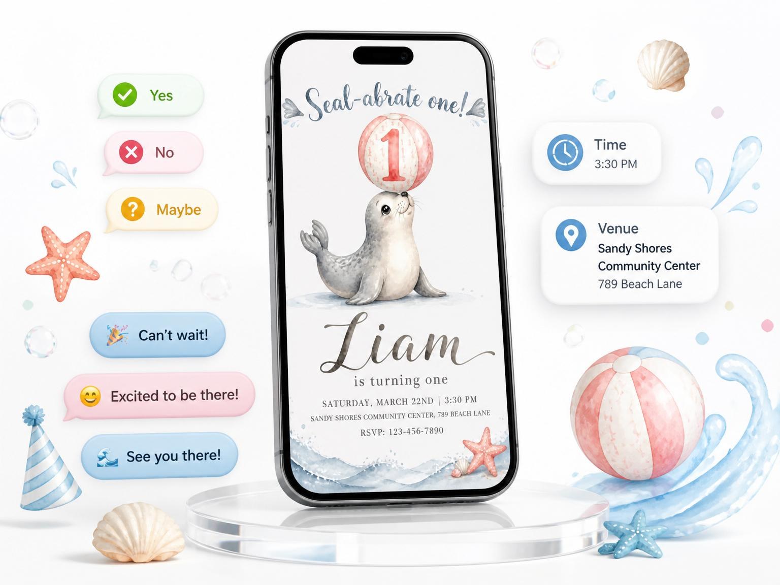 The Watercolor Seal Beach 1st Birthday invitation on a phone, with guest RSVPs arriving around it