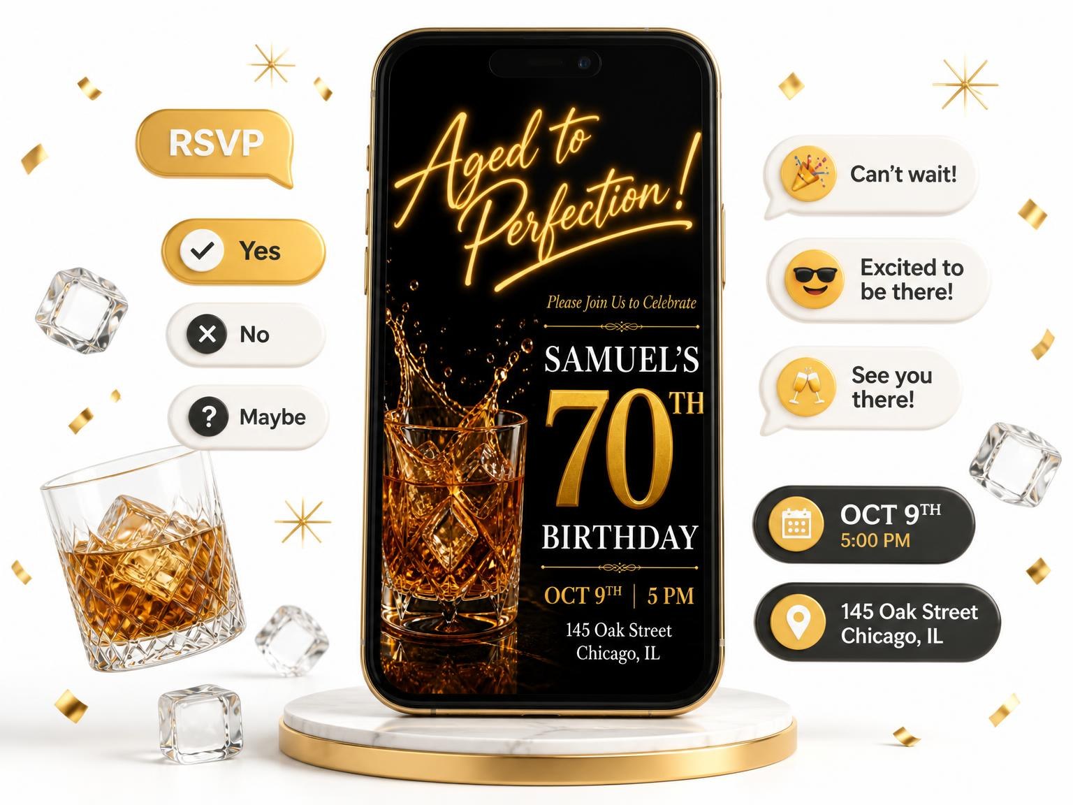 The Whiskey Tumbler 70th Birthday Invitation invitation on a phone, with guest RSVPs arriving around it