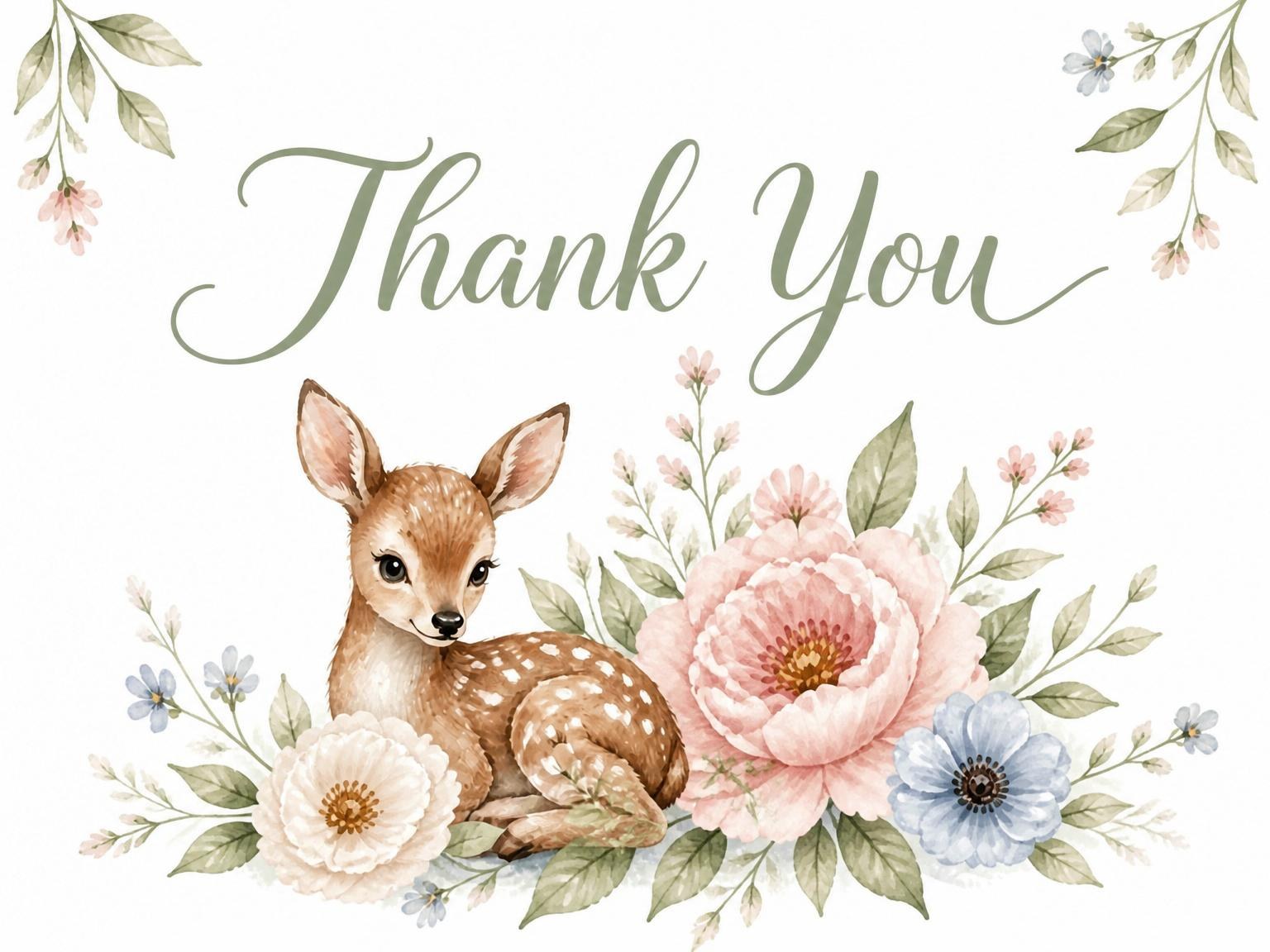 The matching thank-you card for the Watercolor Woodland Deer 1st Birthday invitation