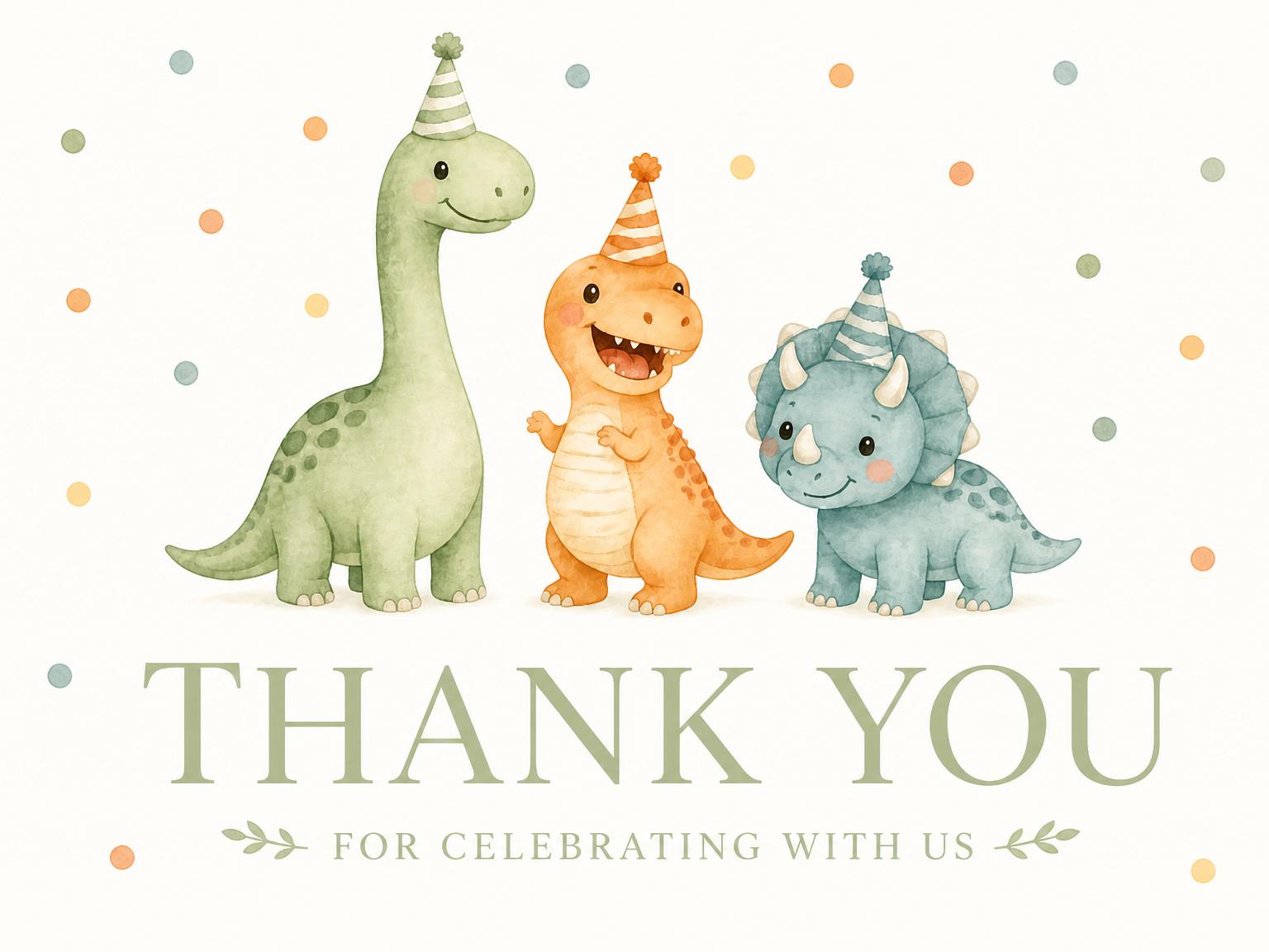 The matching thank-you card for the Watercolor Dino Party Invitation invitation