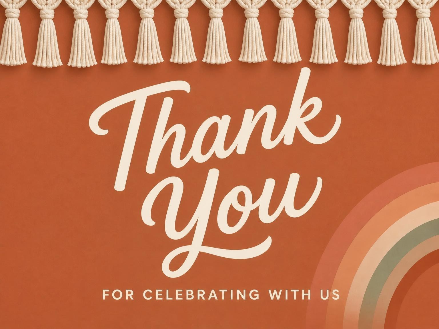 The matching thank-you card for the Burnt Orange Macrame Arch 25th Birthday invitation
