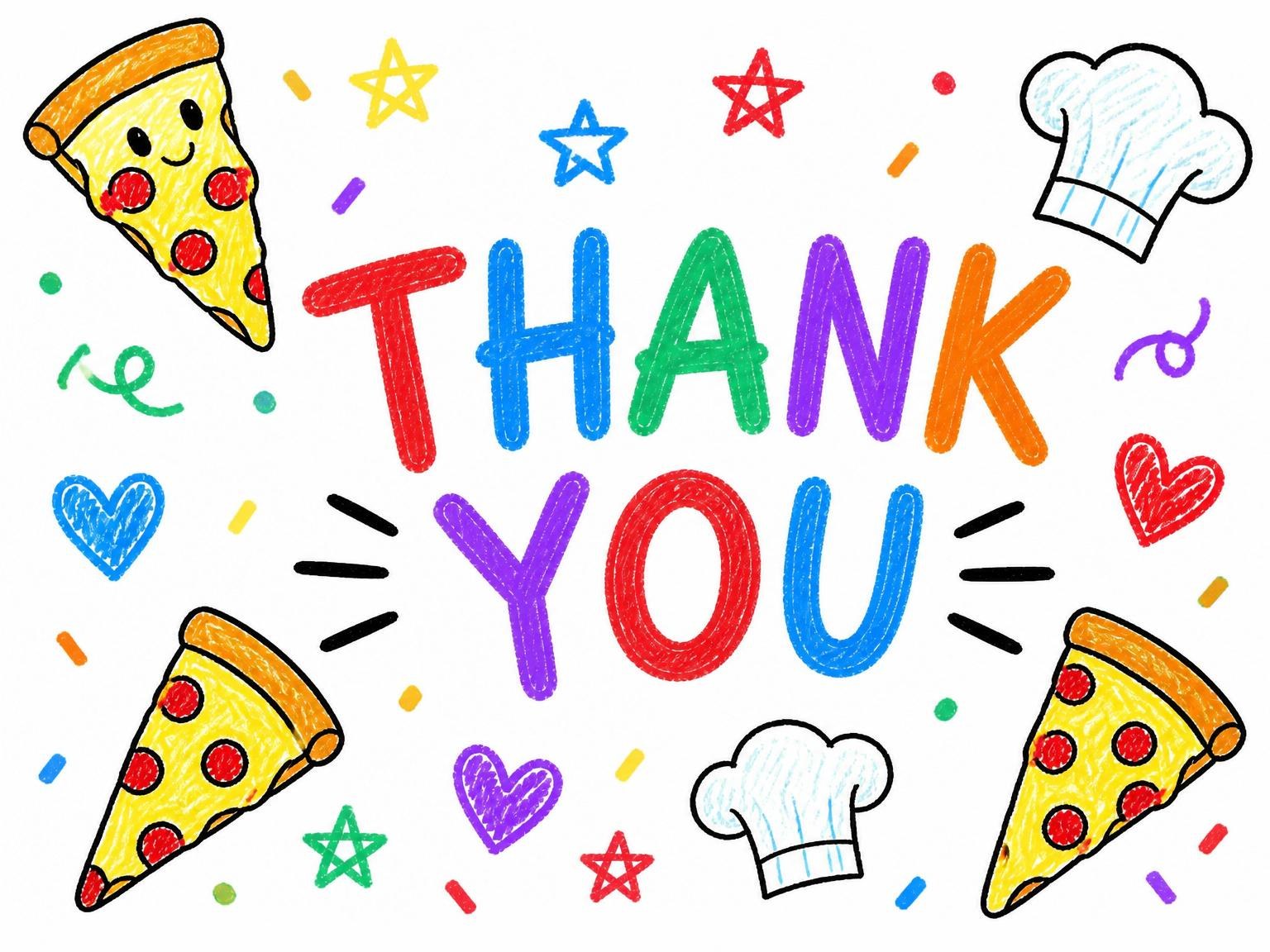 The matching thank-you card for the Crayon Illustrated Pizza 9th Birthday invitation
