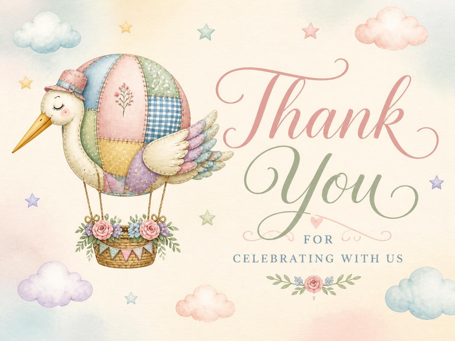 The matching thank-you card for the Pastel Patchwork Stork Baby Shower invitation