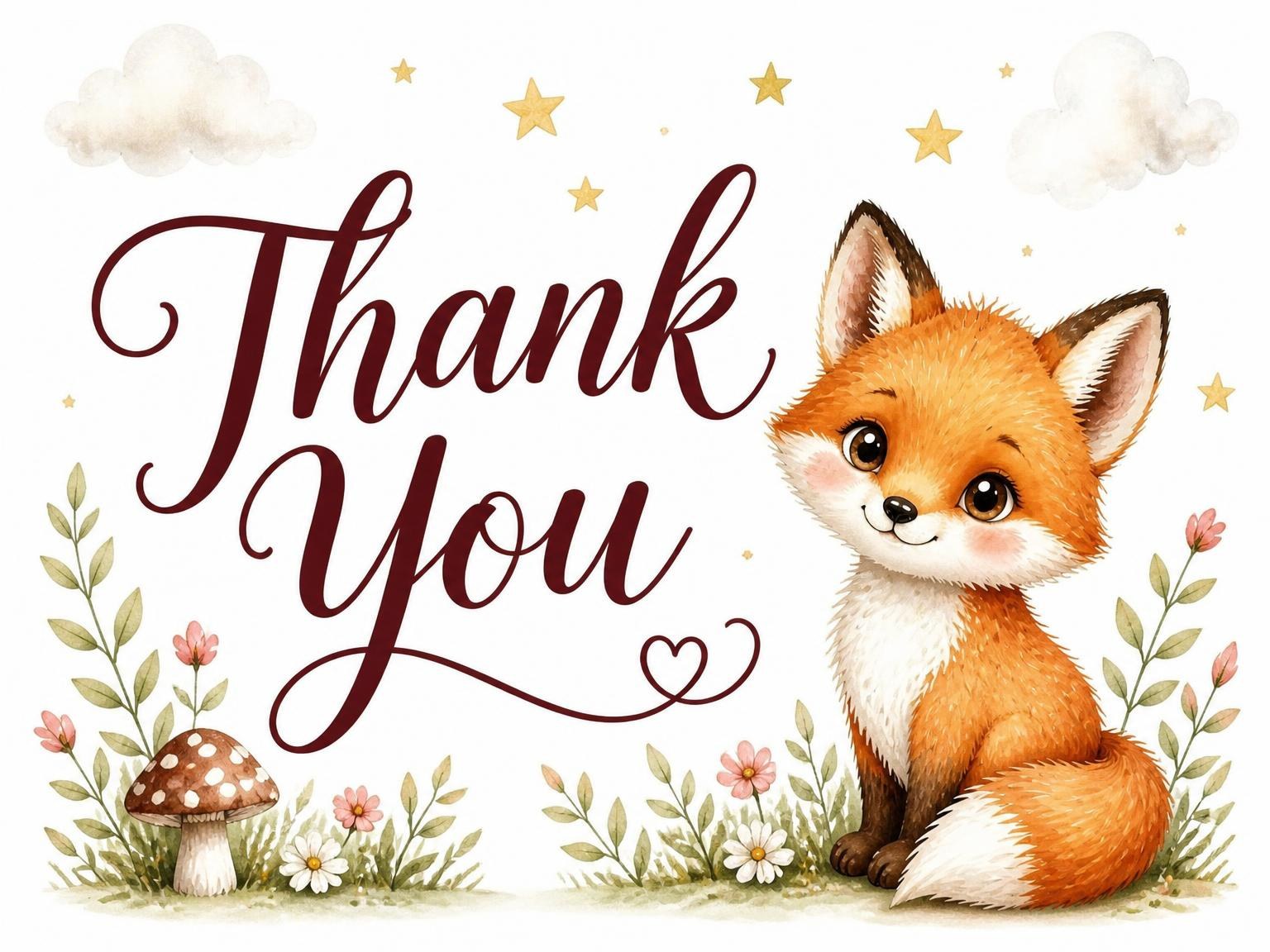 The matching thank-you card for the Watercolor Woodland Fox 3rd Birthday invitation