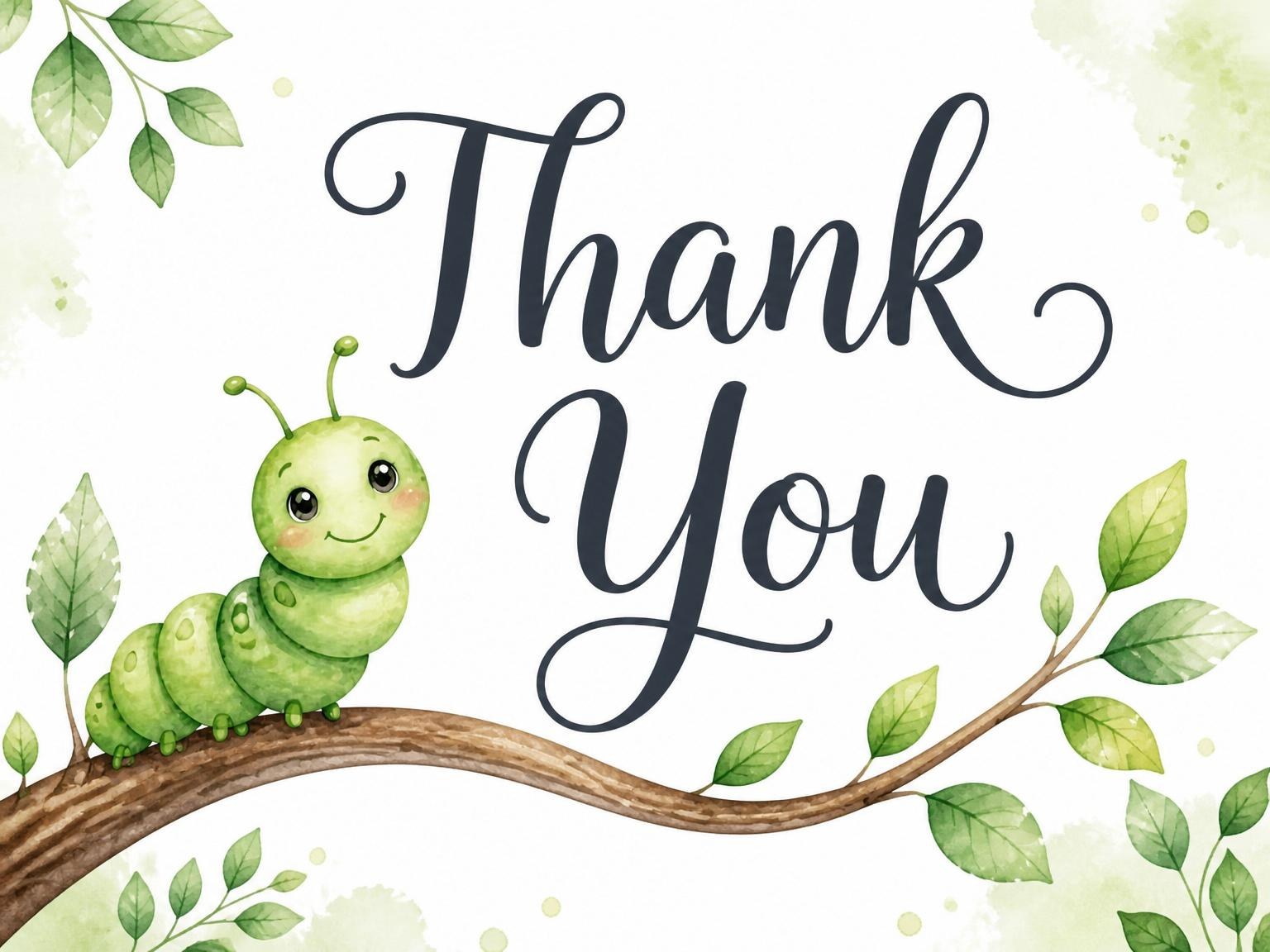 The matching thank-you card for the Watercolor Caterpillar Leaf 3rd Birthday invitation