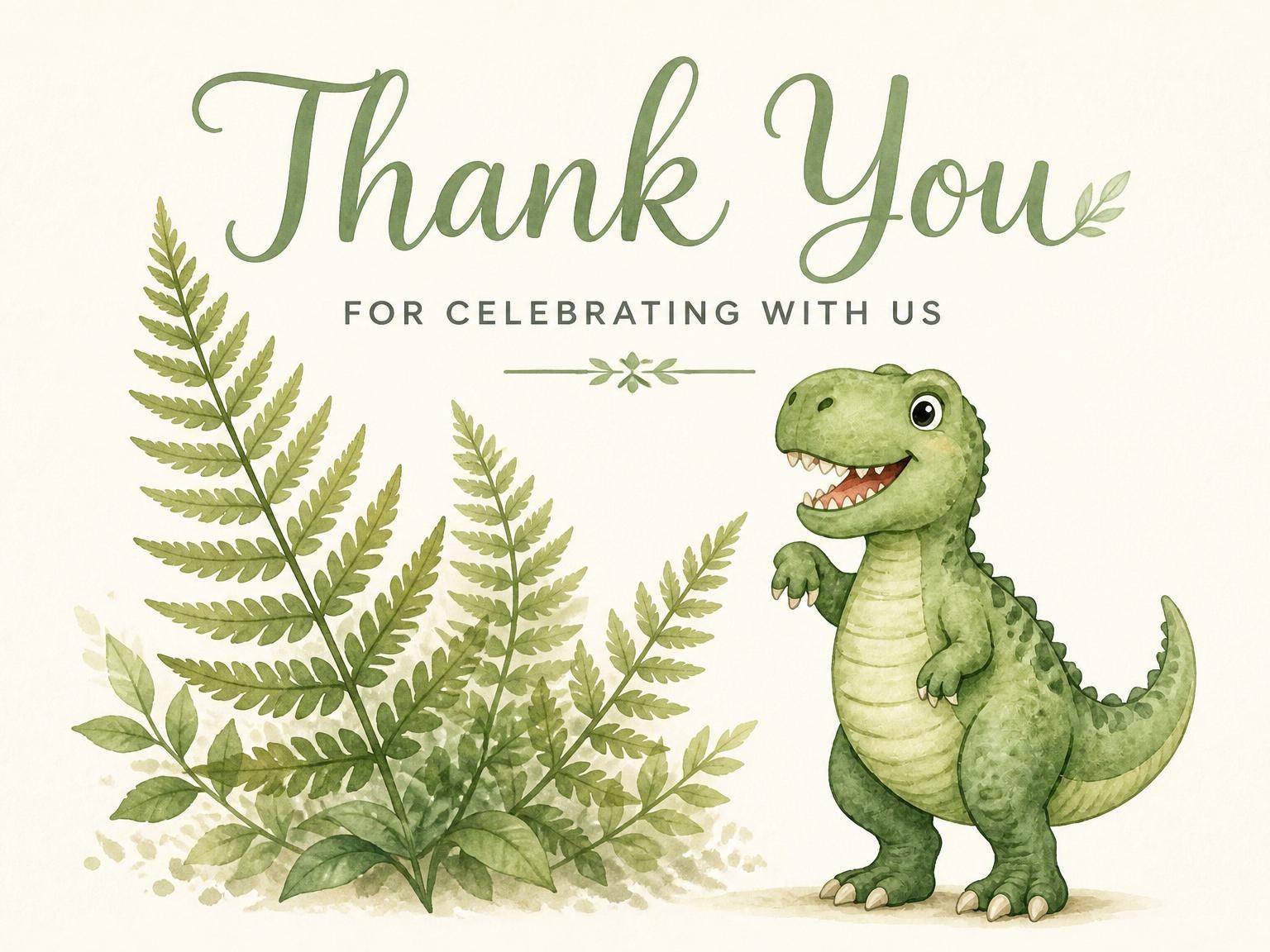 The matching thank-you card for the Watercolor T-Rex 3rd Birthday Invitation invitation