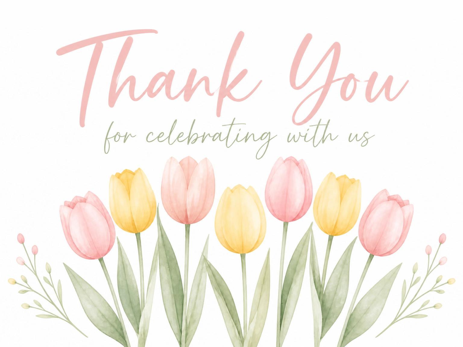 The matching thank-you card for the Pink and Yellow Tulip 2nd Birthday invitation
