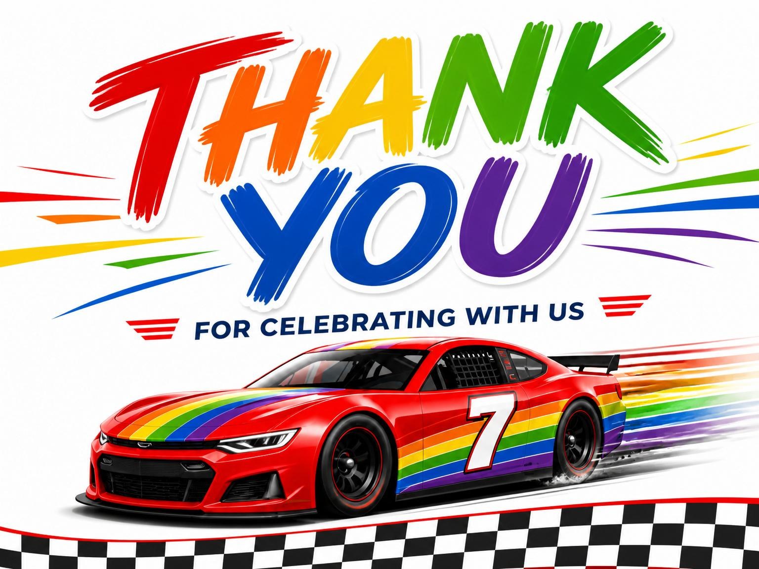 The matching thank-you card for the Rainbow Race Car 7th Birthday invitation