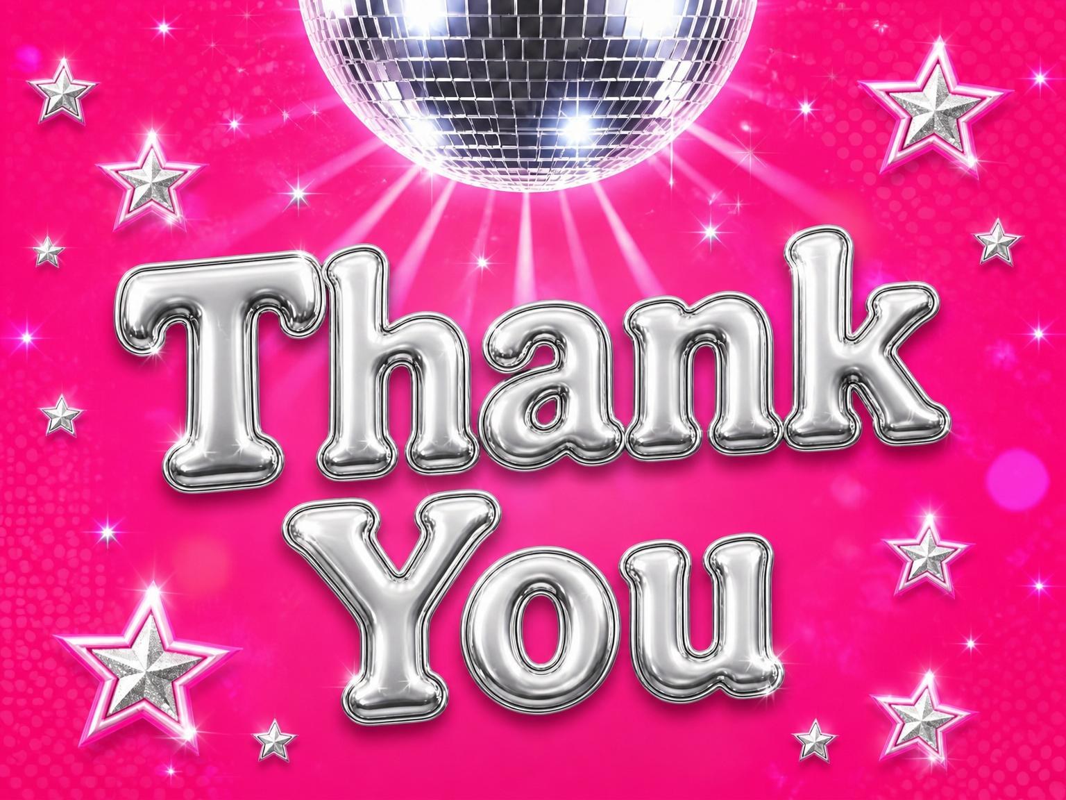 The matching thank-you card for the Pink Disco Ball 16th Birthday invitation
