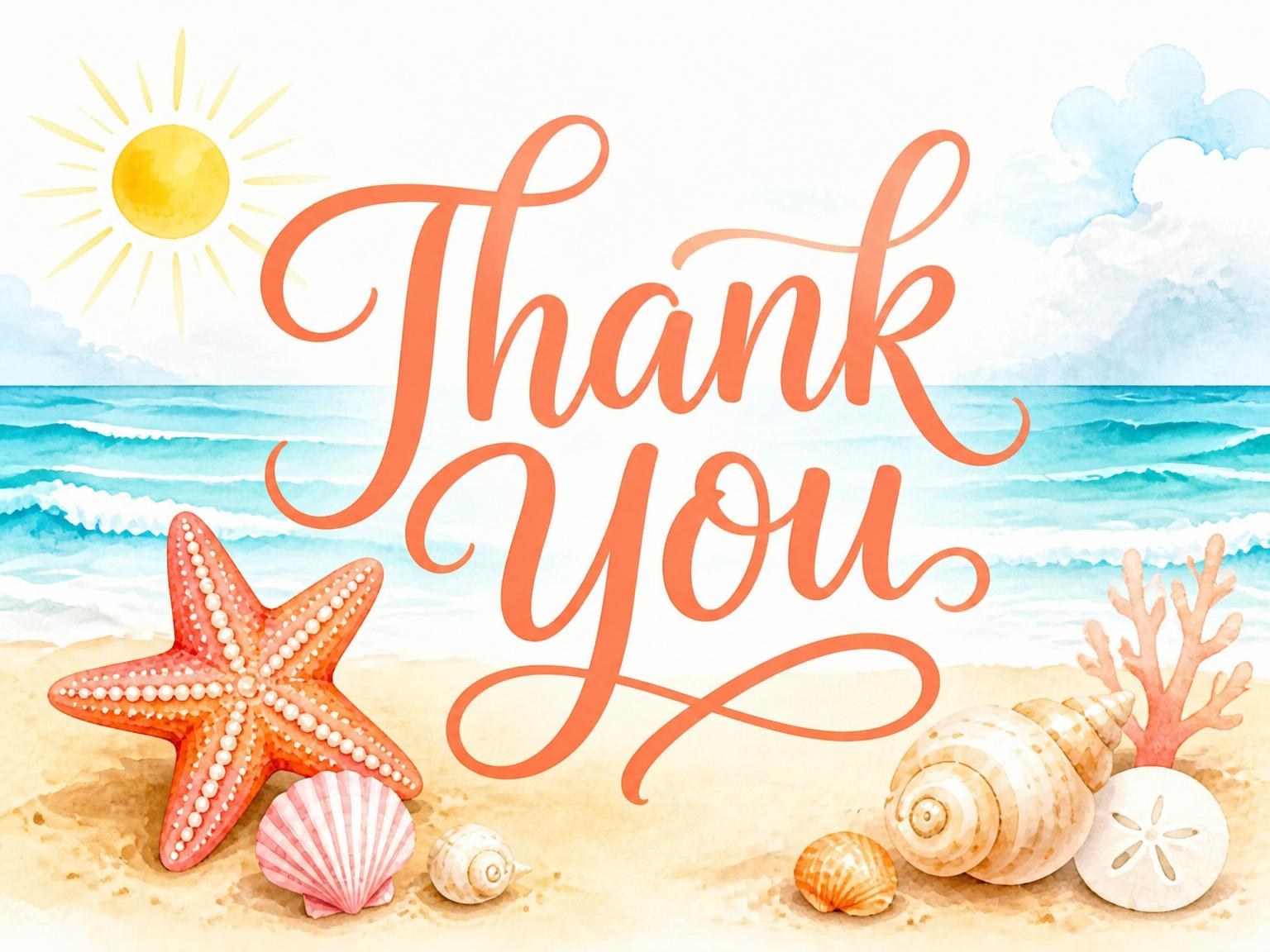 The matching thank-you card for the Watercolor Starfish Beach Second Birthday invitation