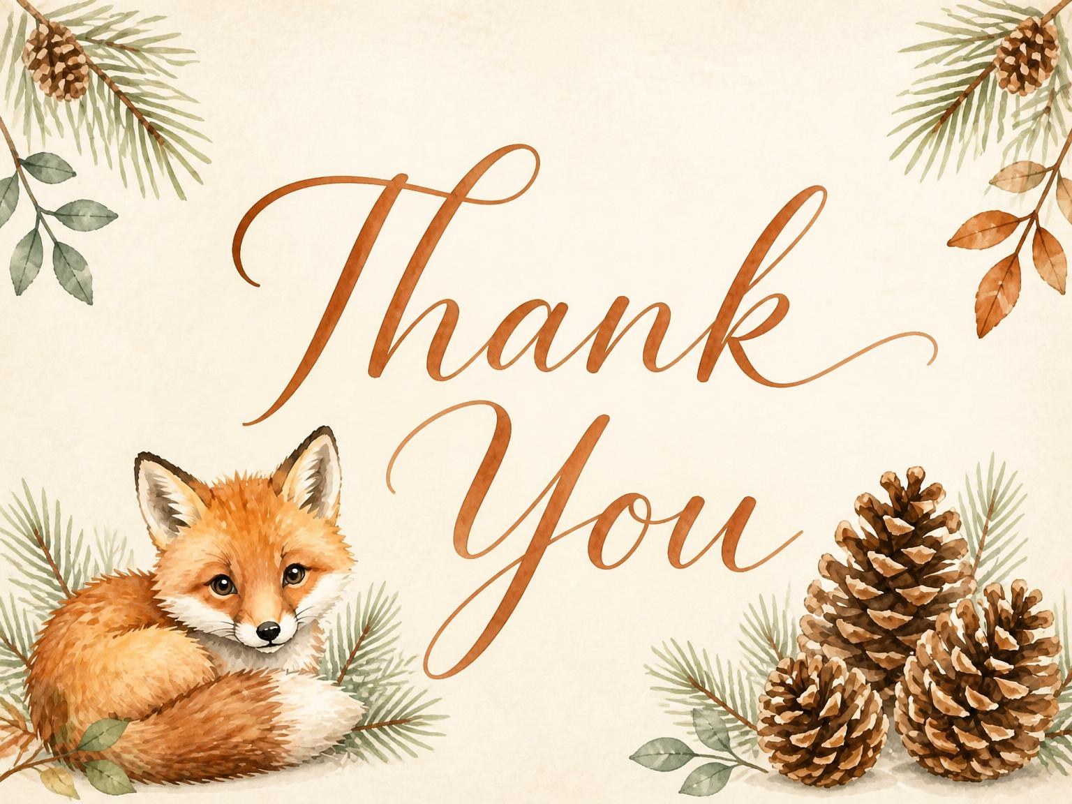 The matching thank-you card for the Watercolor Fox Pinecone 1st Birthday invitation