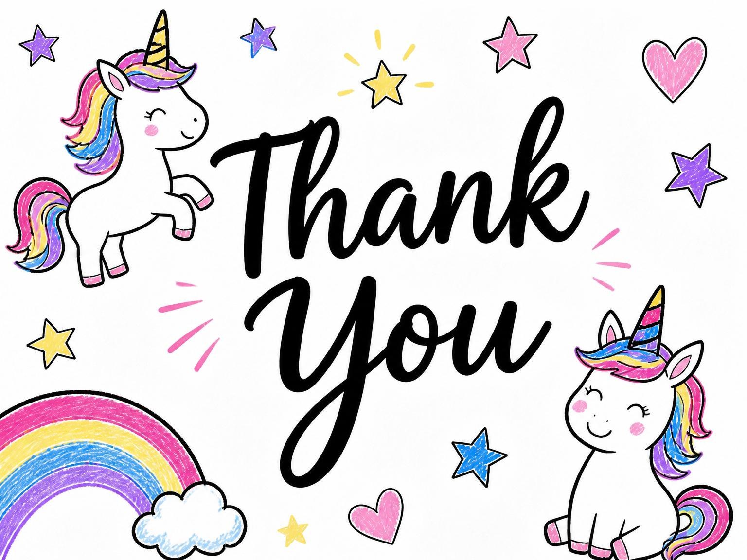 The matching thank-you card for the Crayon Unicorn Star 1st Birthday invitation