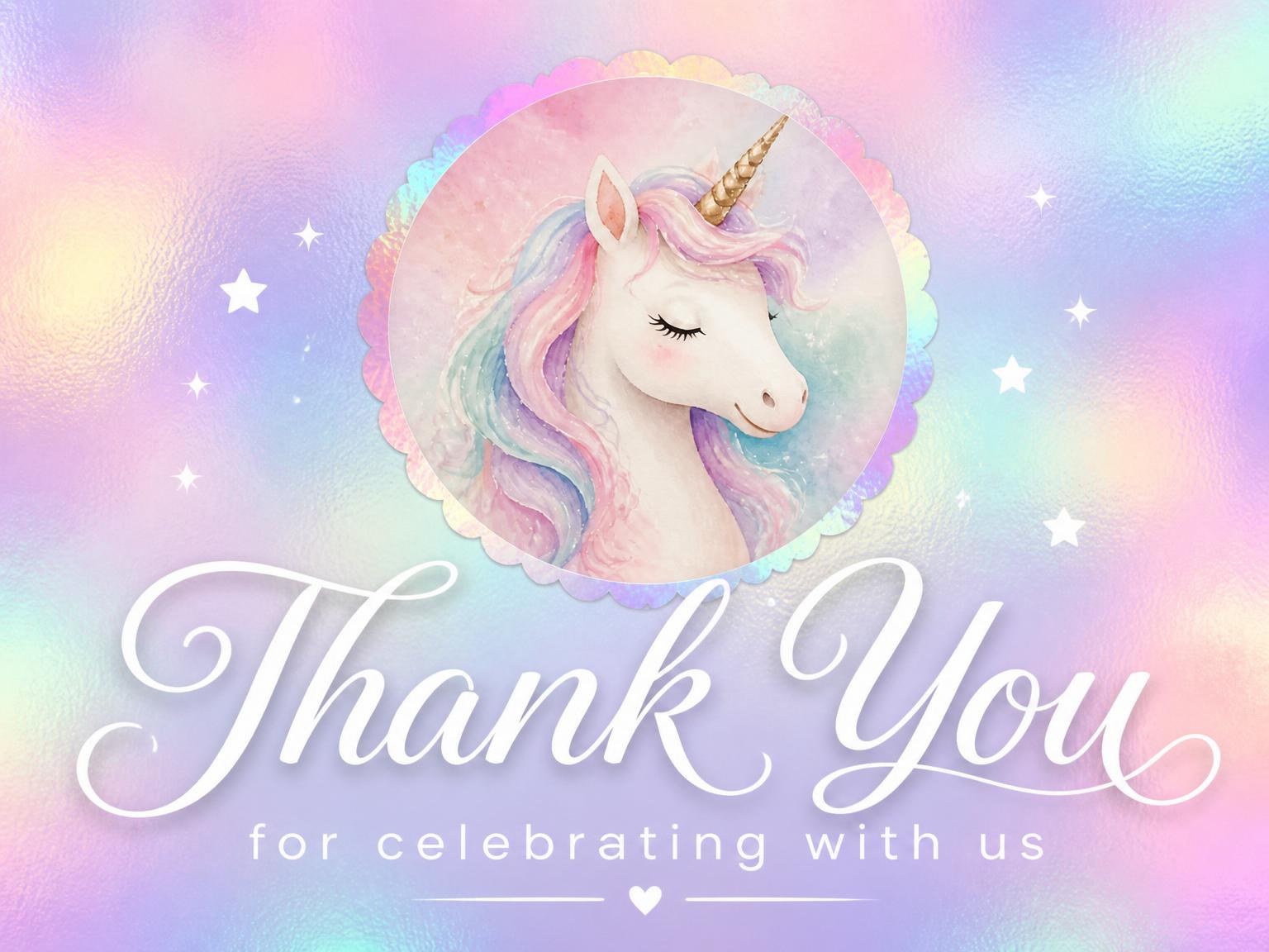 The matching thank-you card for the Holographic Unicorn 5th Birthday Invitation invitation