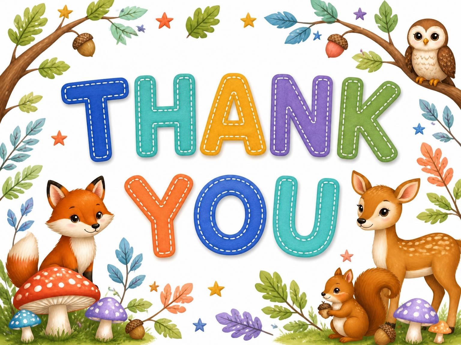 The matching thank-you card for the Stitched Woodland 6th Birthday Invitation invitation