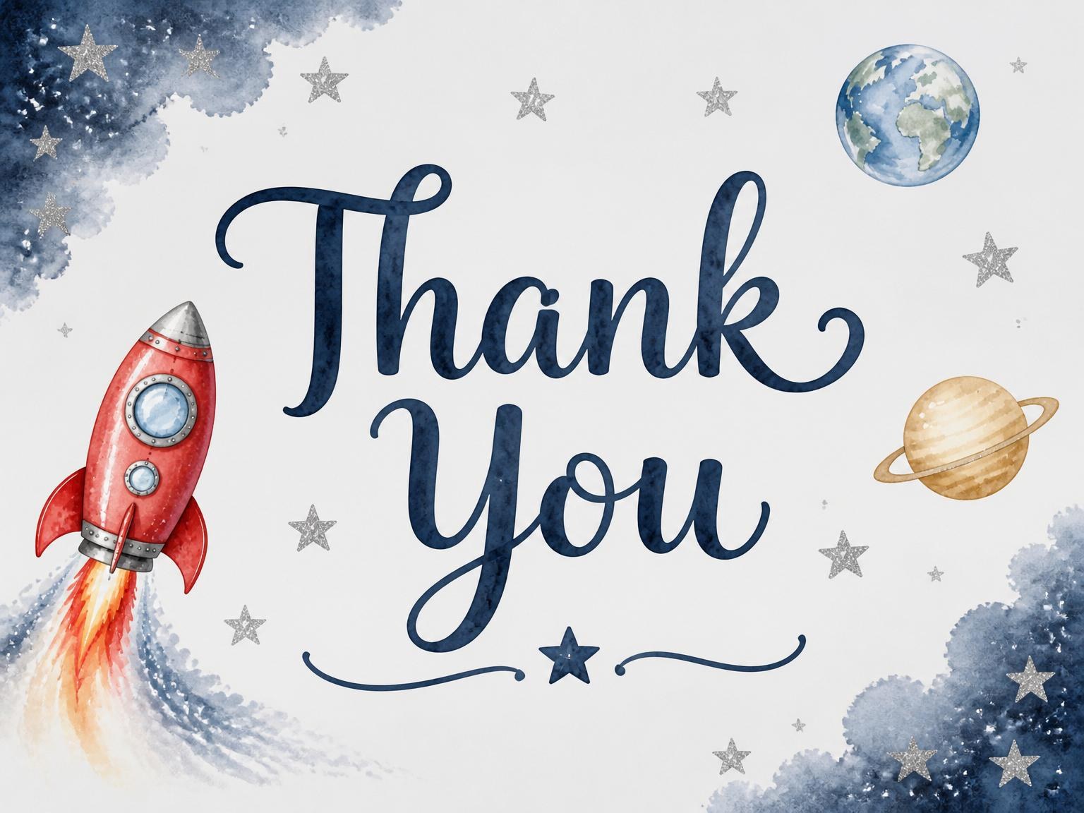 The matching thank-you card for the Watercolor Rocket Space 4th Birthday invitation