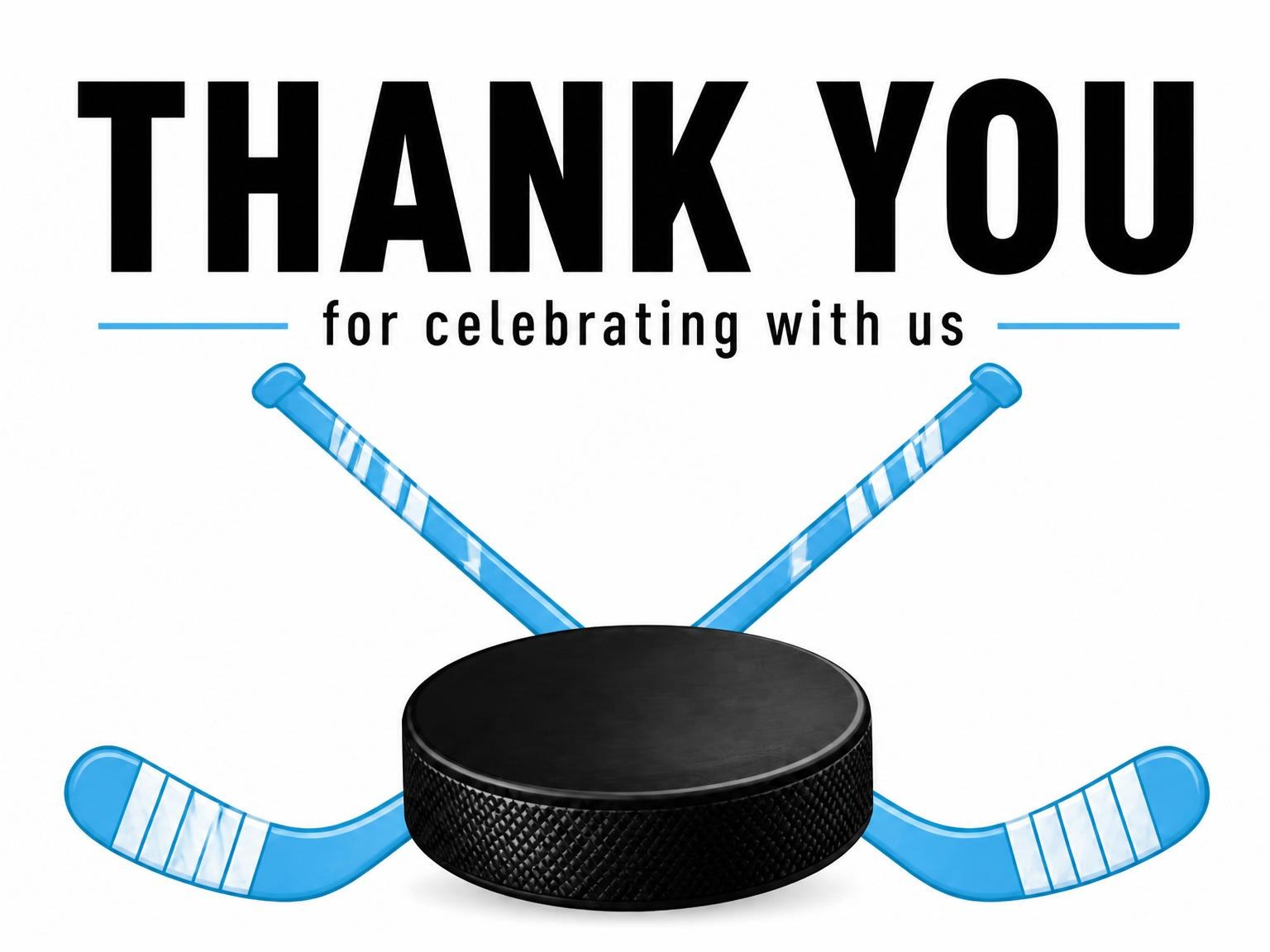 The matching thank-you card for the Crossed Hockey Sticks 9th Birthday Party invitation