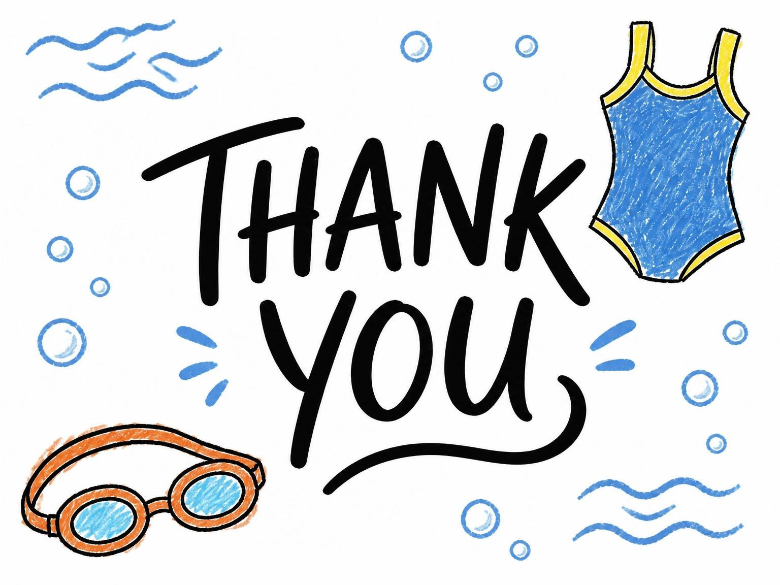 The matching thank-you card for the Crayon Blue Swim 6th Birthday Invitation invitation