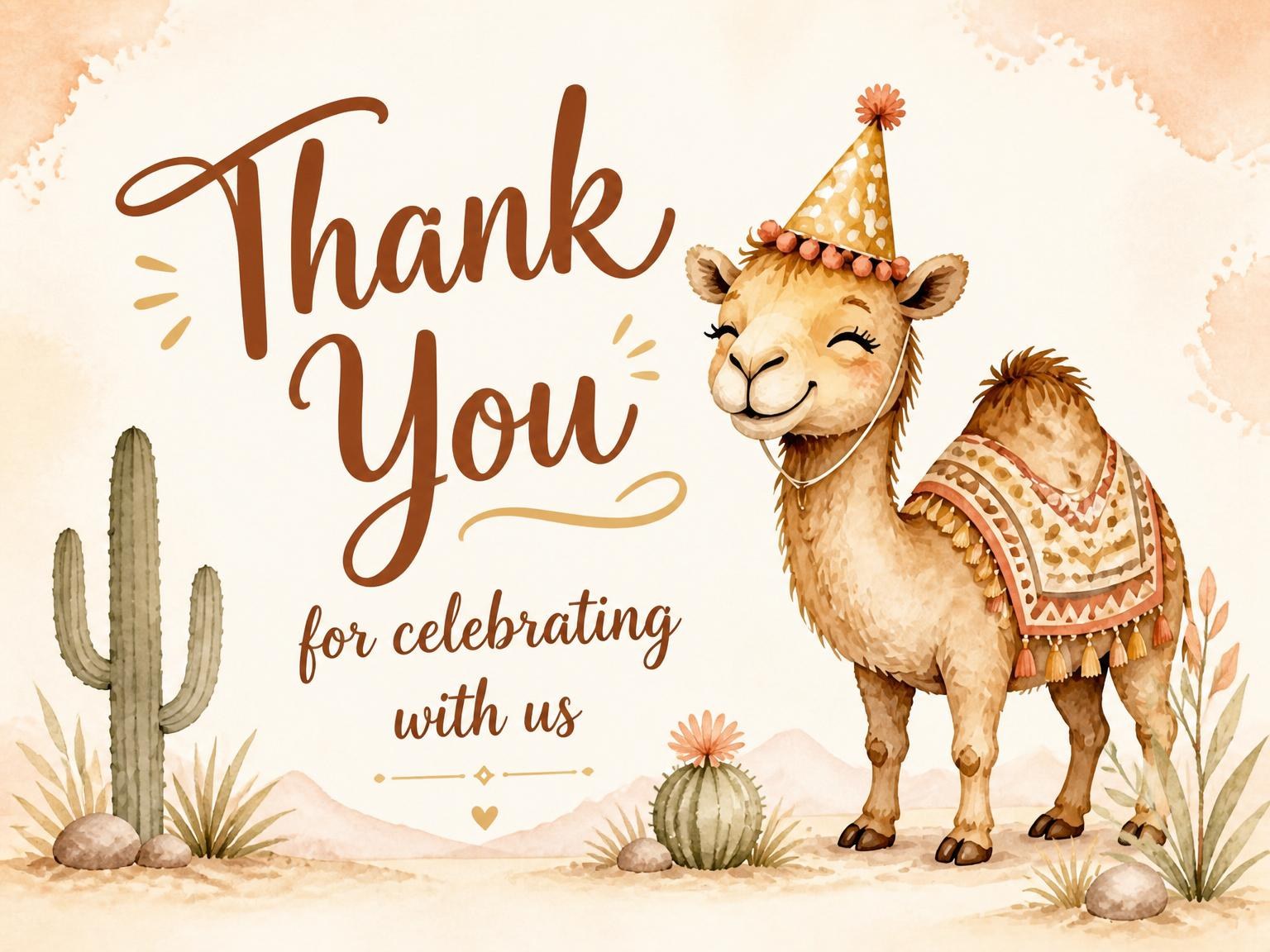 The matching thank-you card for the Watercolor Camel Desert 5th Birthday invitation