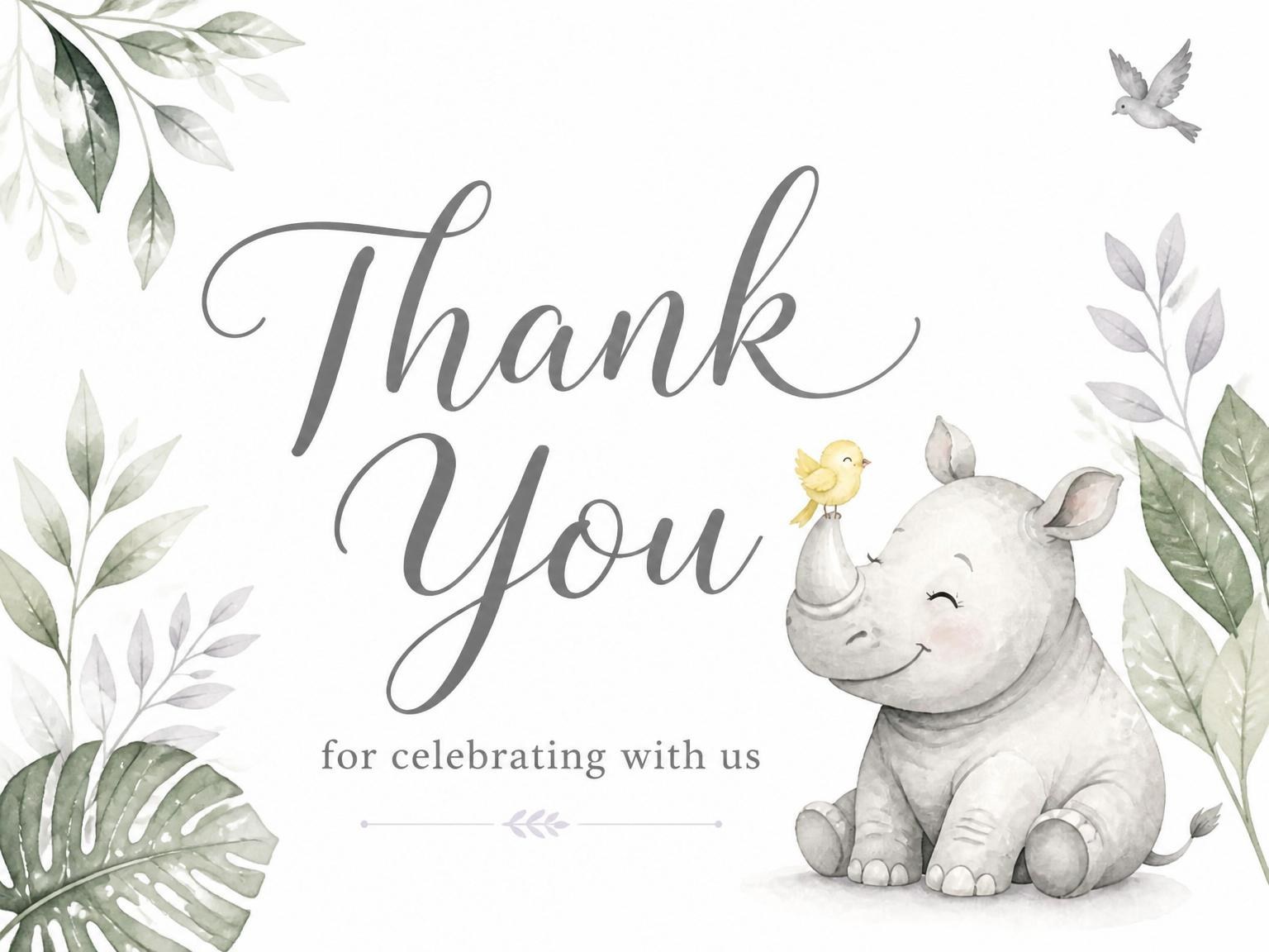 The matching thank-you card for the Watercolor Rhino 3rd Birthday Invitation invitation