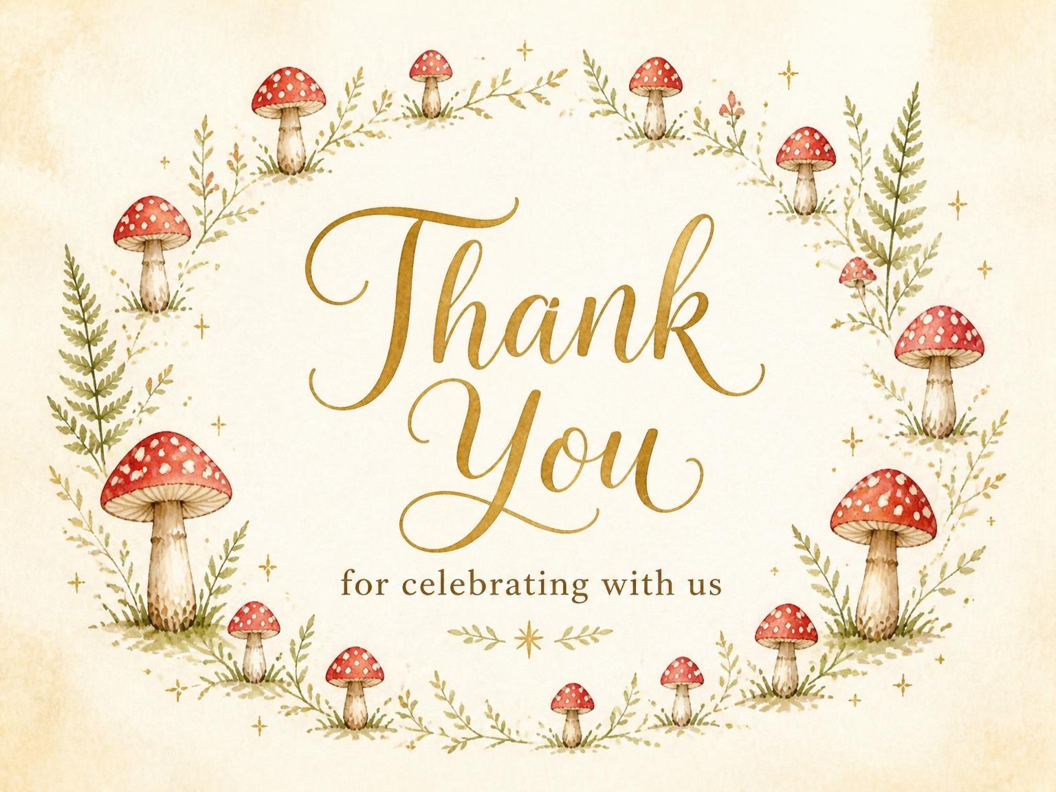 The matching thank-you card for the Woodland Mushroom 1st Birthday Invitation invitation