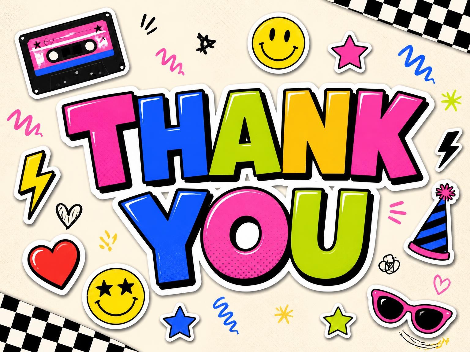 The matching thank-you card for the Sticker Pop 65th Birthday Invitation invitation