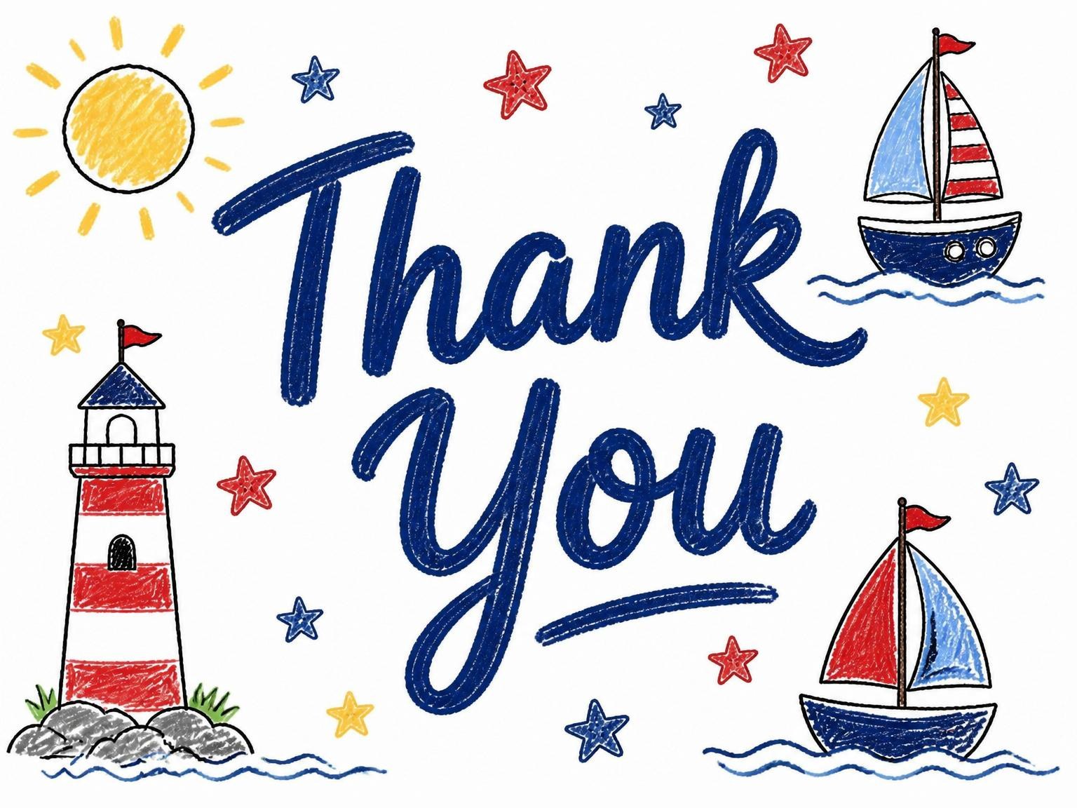 The matching thank-you card for the Crayon Nautical Motif 7th Birthday invitation