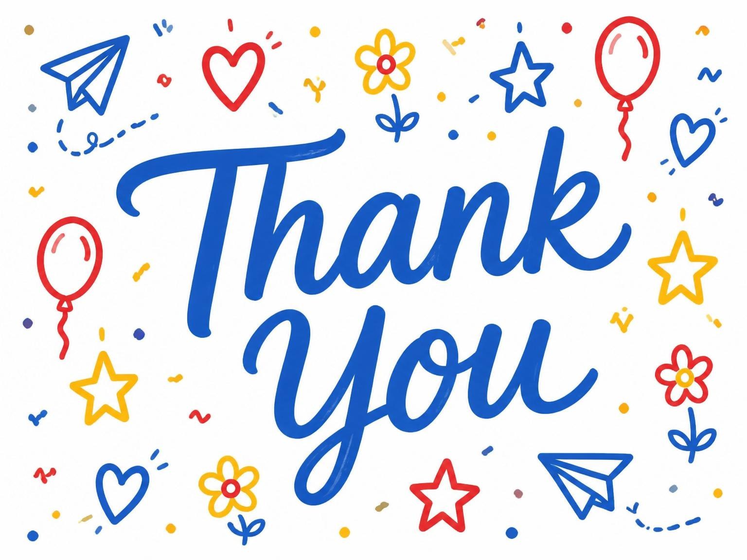 The matching thank-you card for the Primary Doodle Border 4th Birthday Invitation invitation