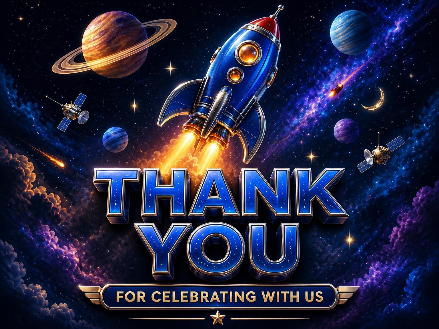 The matching thank-you card for the 3D Rocket Ship Space 10th Birthday invitation