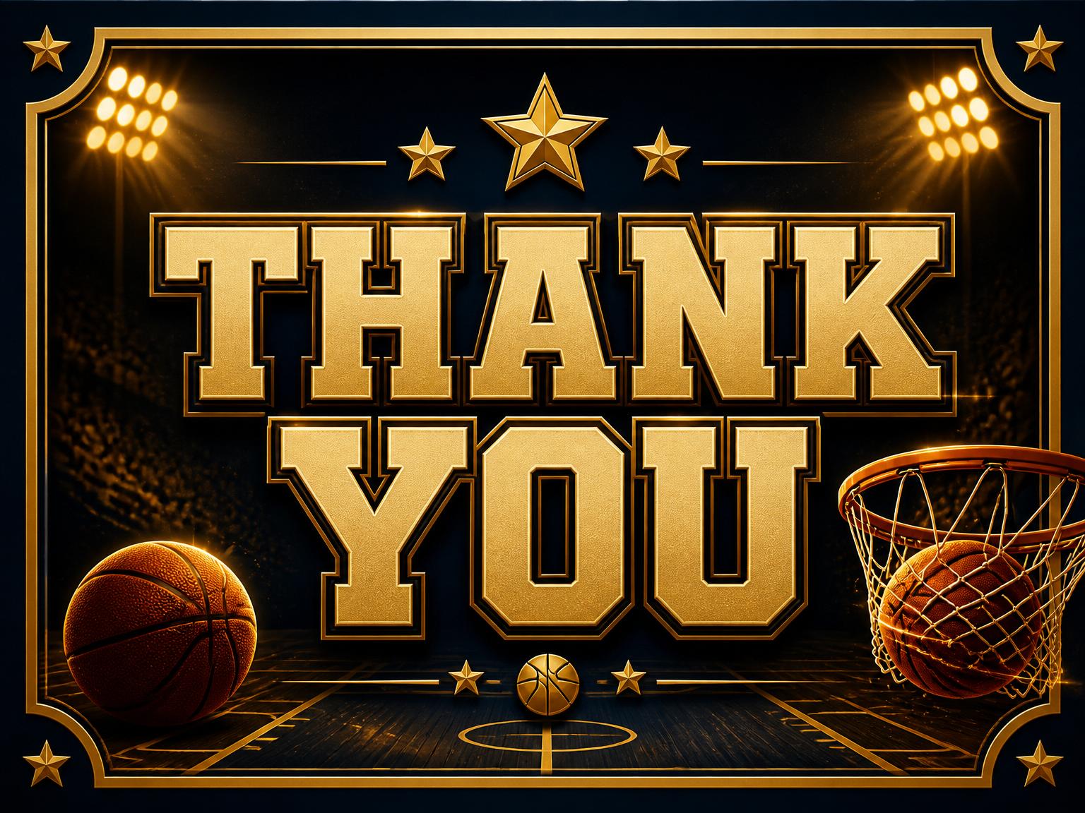 The matching thank-you card for the Championship Court Basketball Birthday Invitation invitation