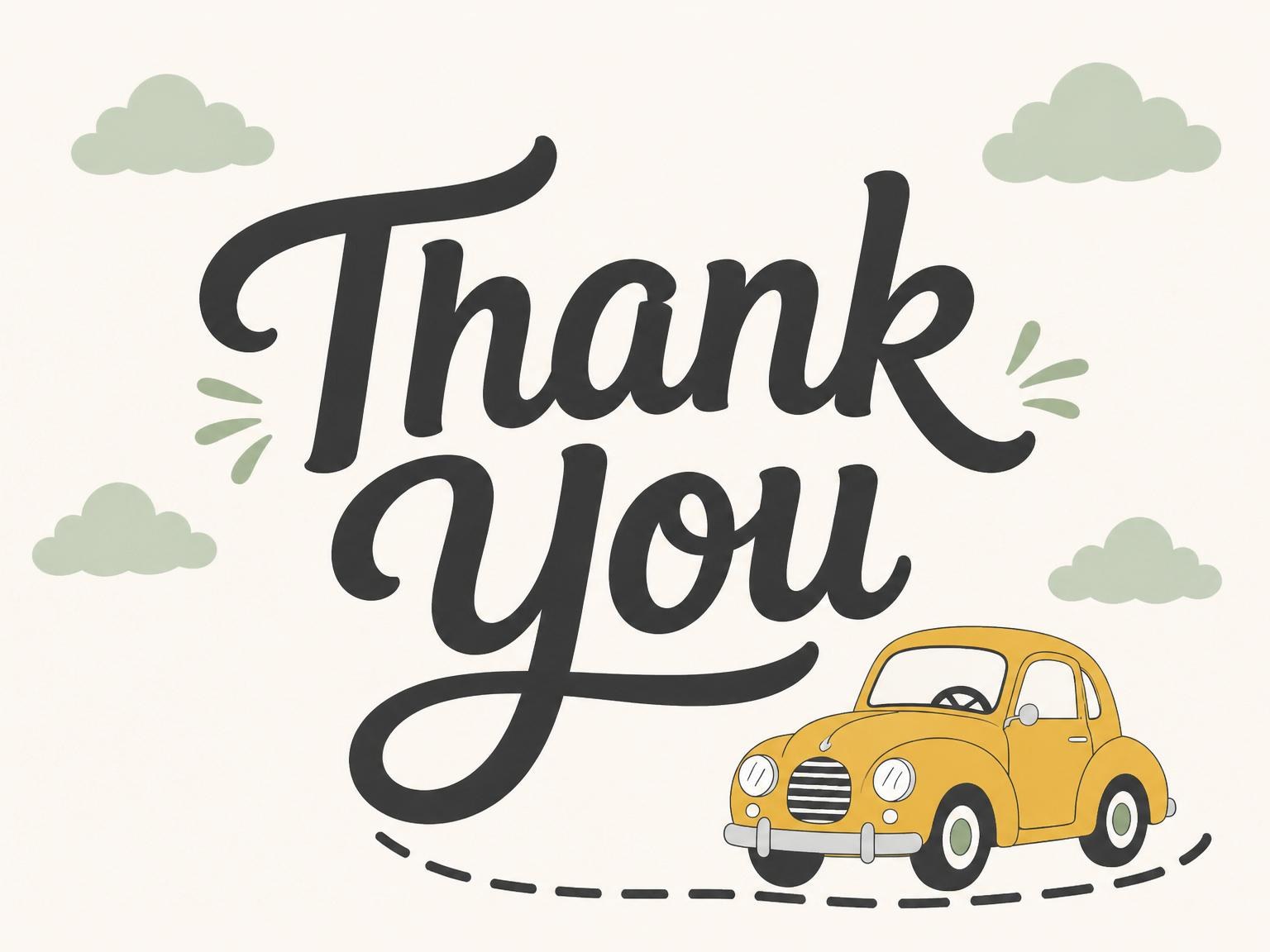 The matching thank-you card for the Retro Yellow Car First Birthday invitation