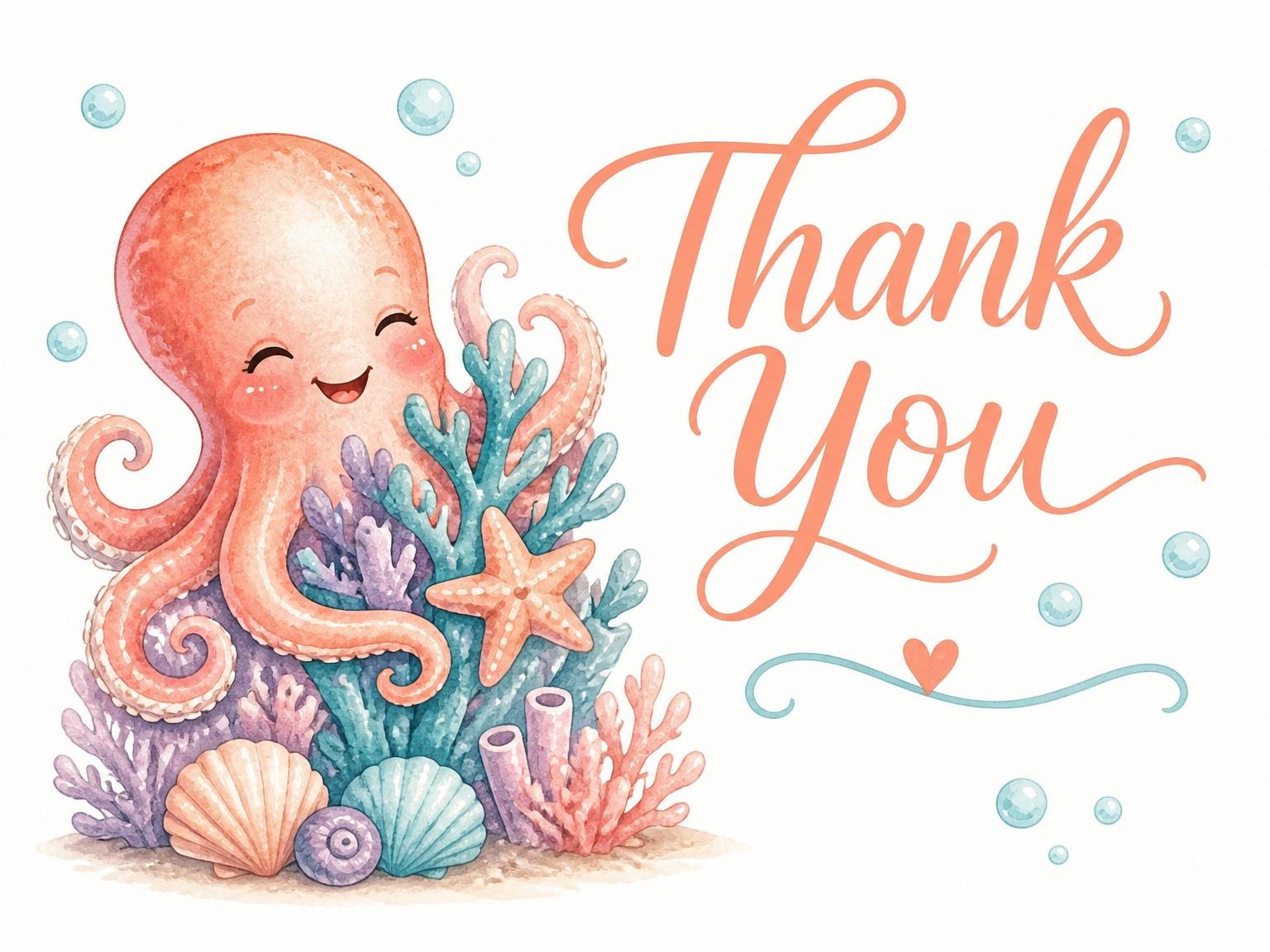The matching thank-you card for the Watercolor Octopus Nautical 3rd Birthday invitation