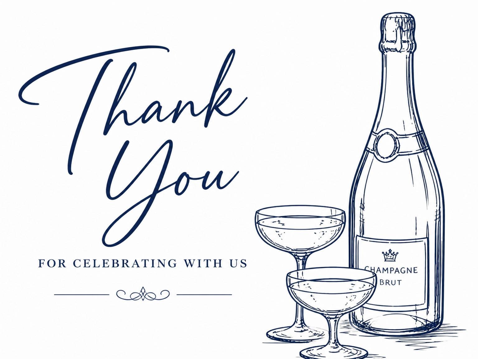 The matching thank-you card for the Navy Ink Champagne Birthday Invitation invitation