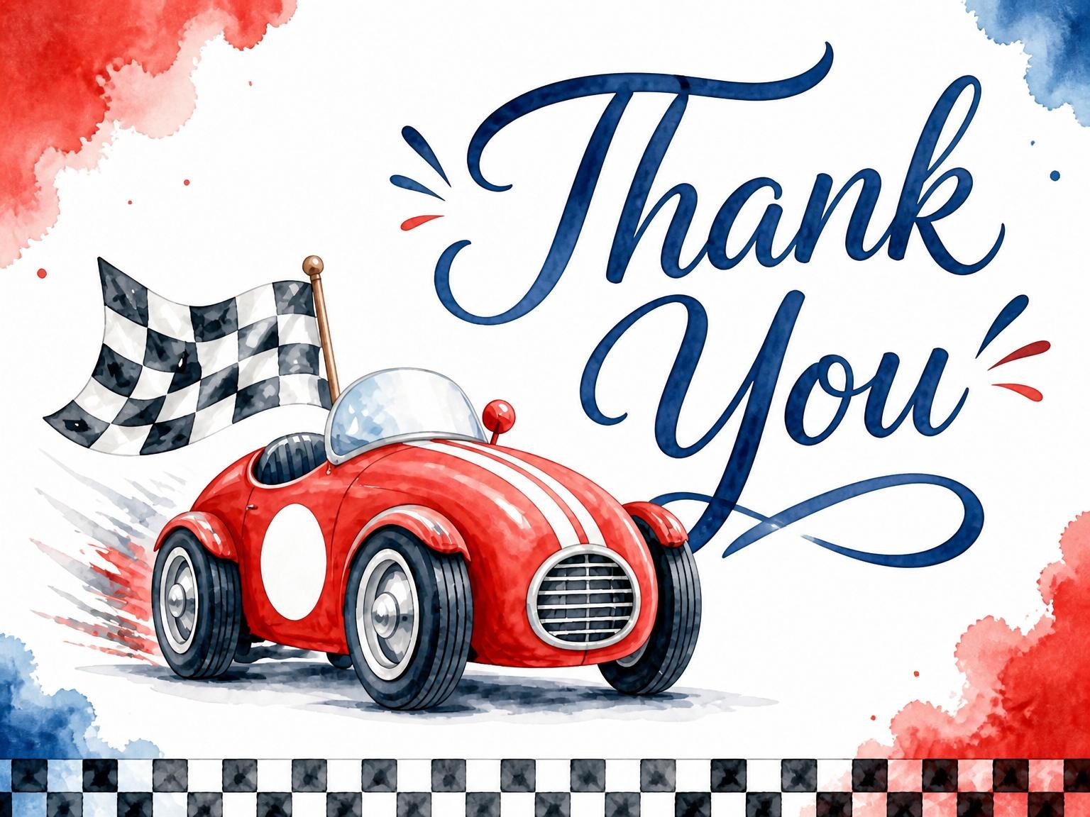 The matching thank-you card for the Red Watercolor Race Car 2nd Birthday invitation
