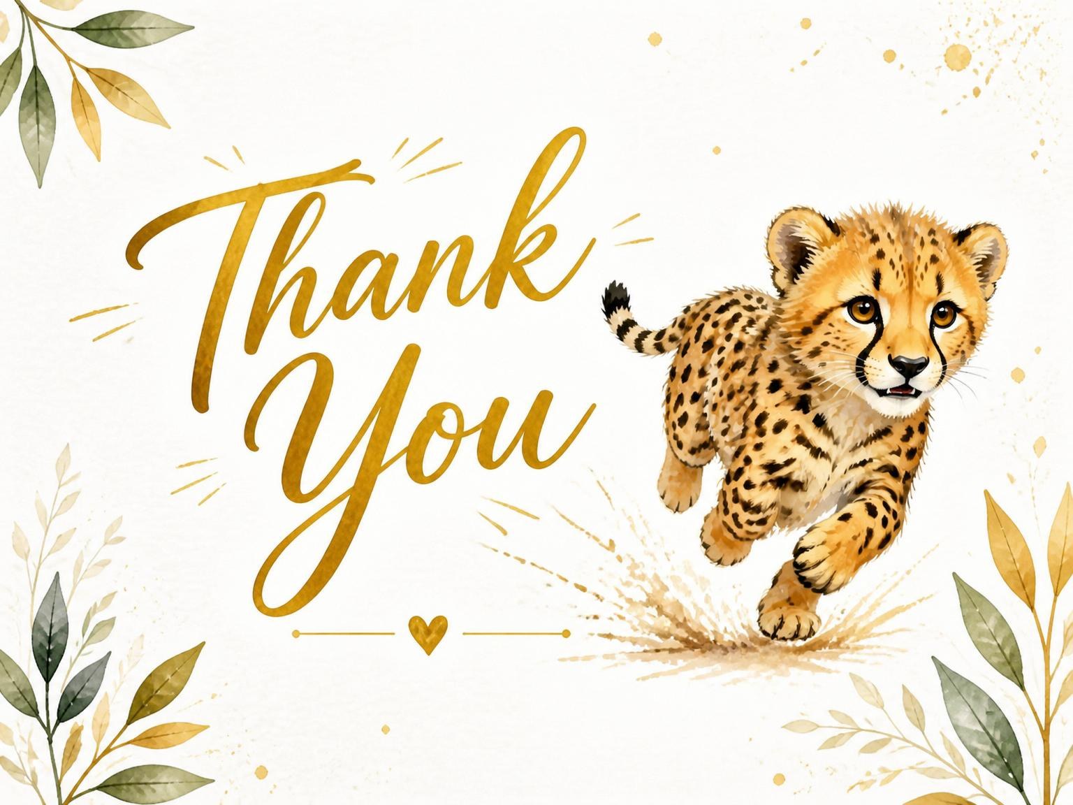 The matching thank-you card for the Gold Cheetah Watercolor 6th Birthday Invitation invitation