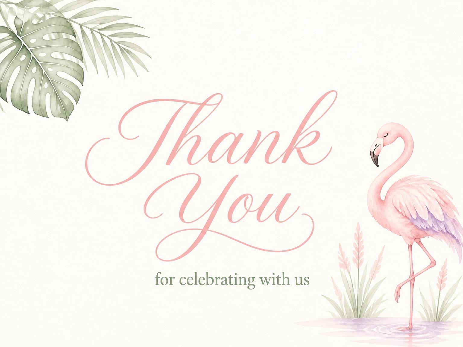 The matching thank-you card for the Blush Flamingo Tropical Baby Shower invitation