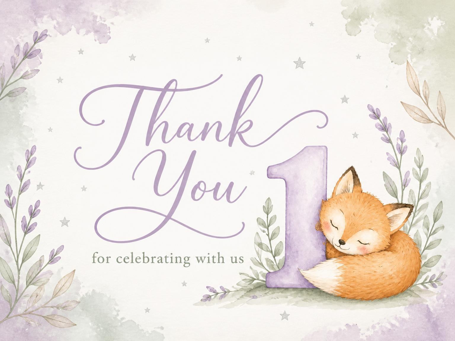 The matching thank-you card for the Watercolor Sleeping Fox First Birthday invitation