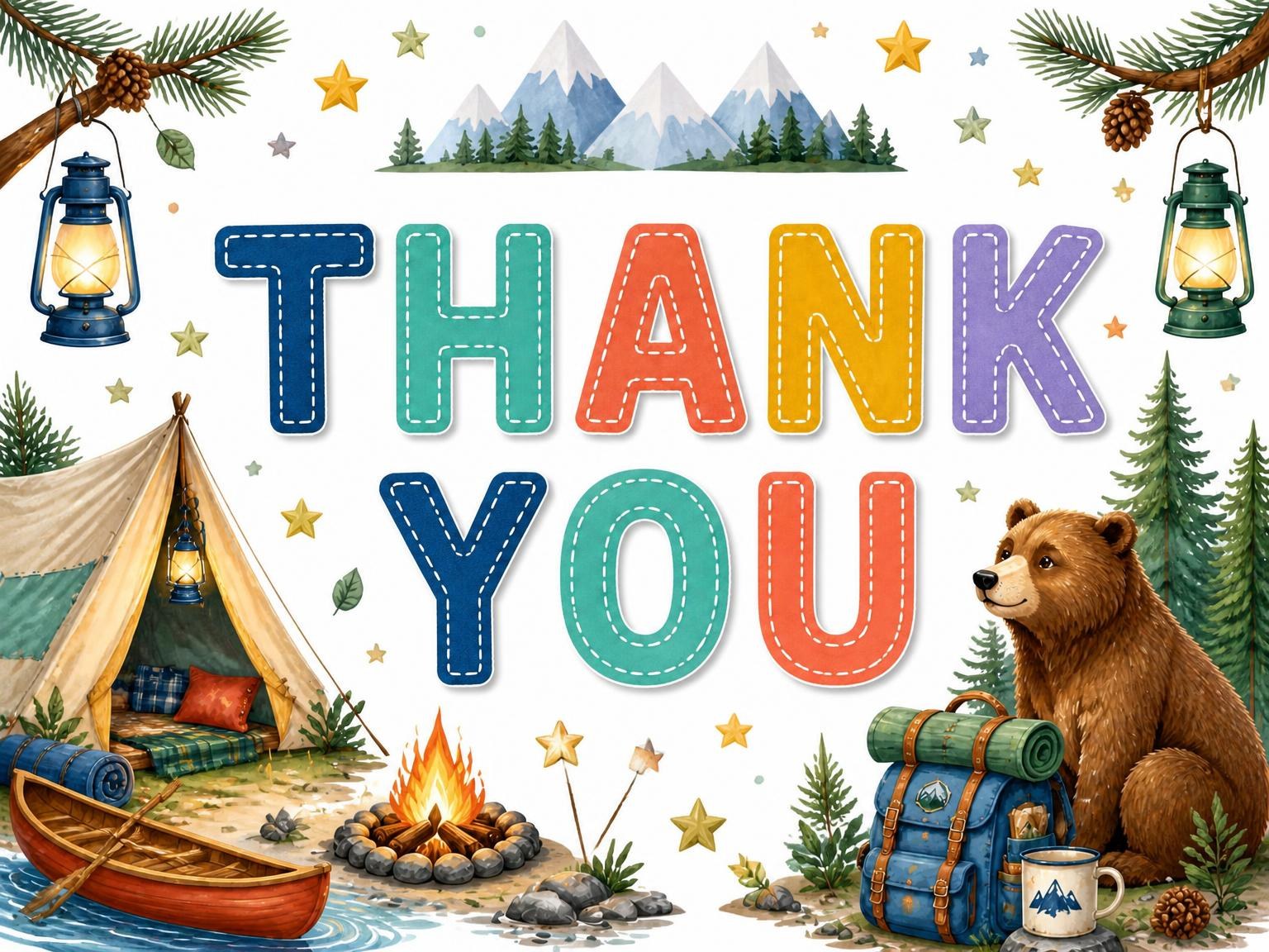 The matching thank-you card for the Stitched Camping 7th Birthday Invitation invitation