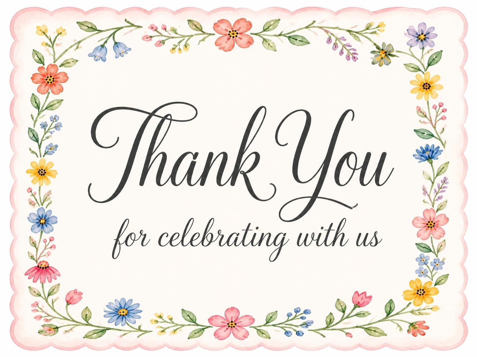The matching thank-you card for the Watercolor Floral Scalloped 1st Birthday invitation