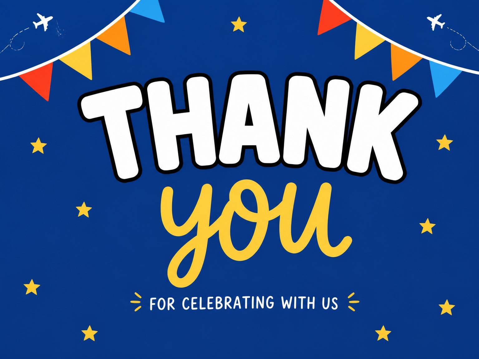 The matching thank-you card for the Soaring Airplane Birthday Party invitation