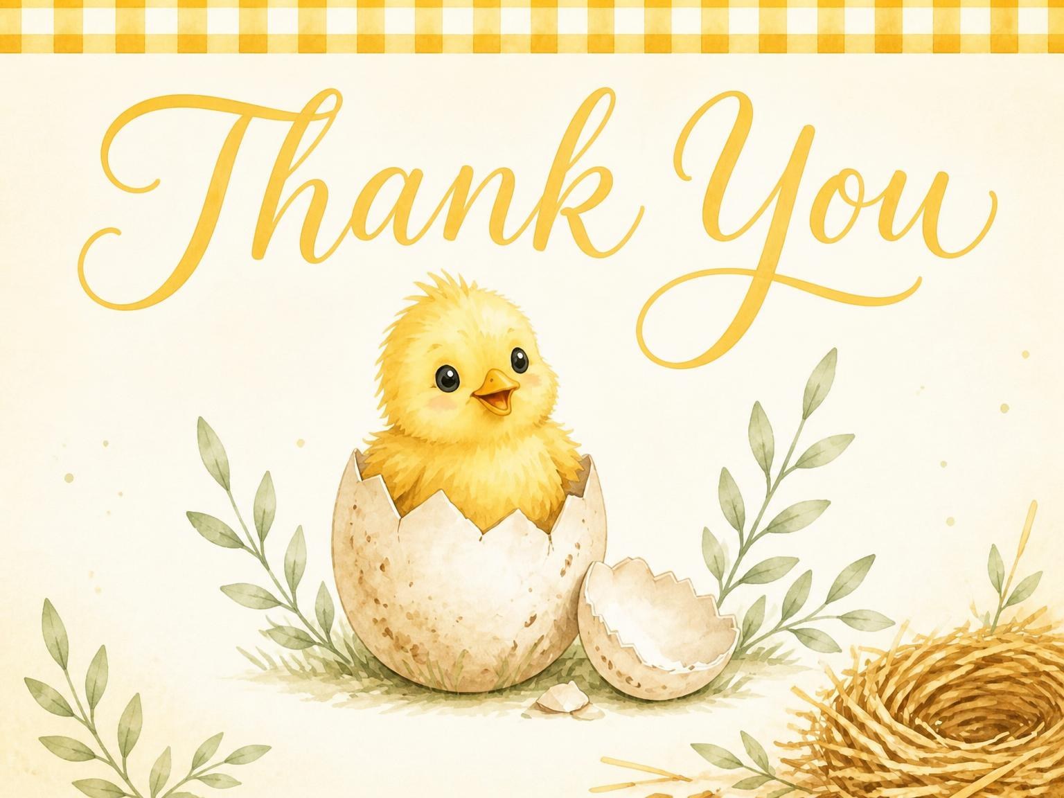 The matching thank-you card for the Watercolor Chick Gingham 1st Birthday invitation