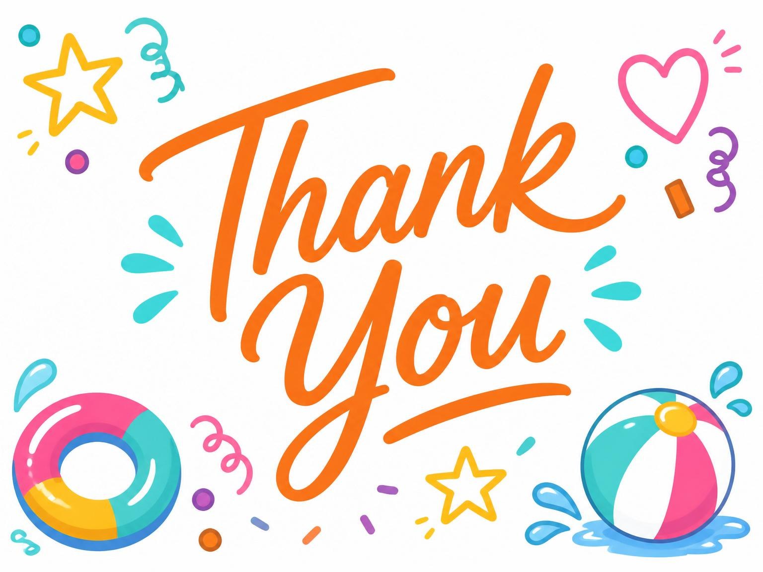 The matching thank-you card for the Colorful Doodle Pool 6th Birthday invitation