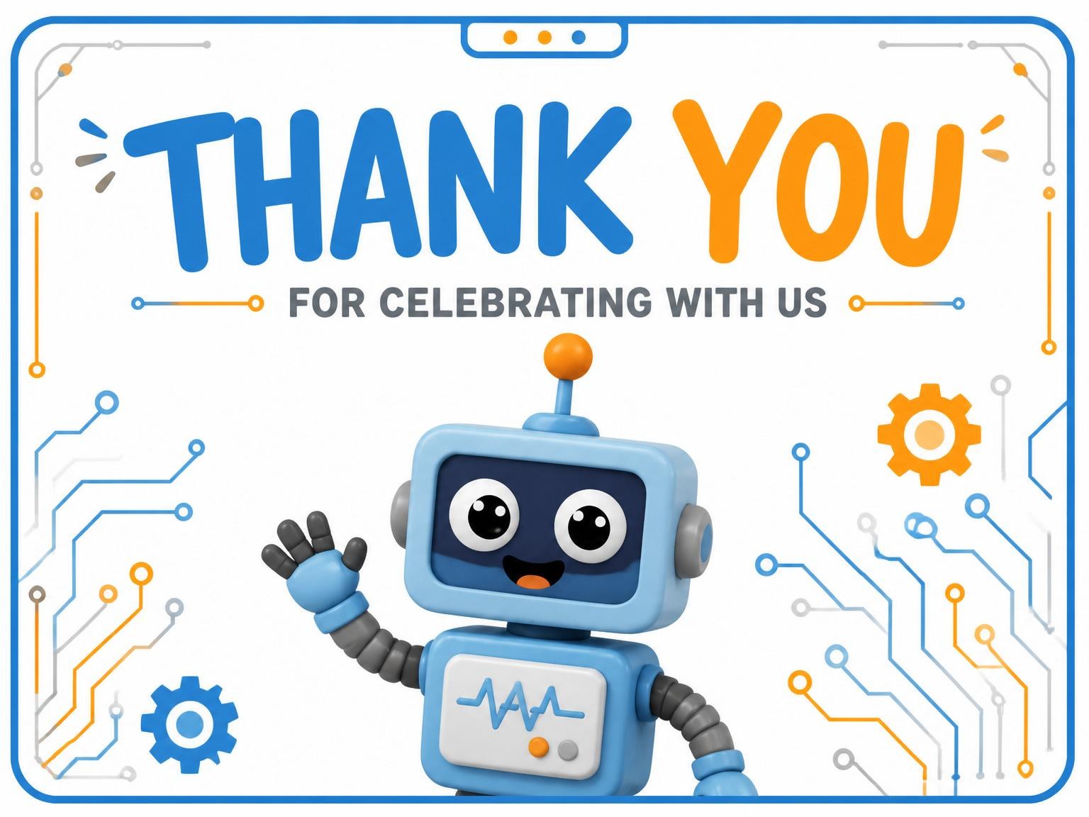 The matching thank-you card for the Blue and Orange Robot 2nd Birthday invitation