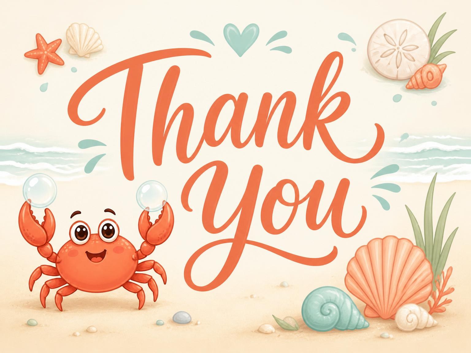 The matching thank-you card for the Cartoon Crab Beach 2nd Birthday invitation