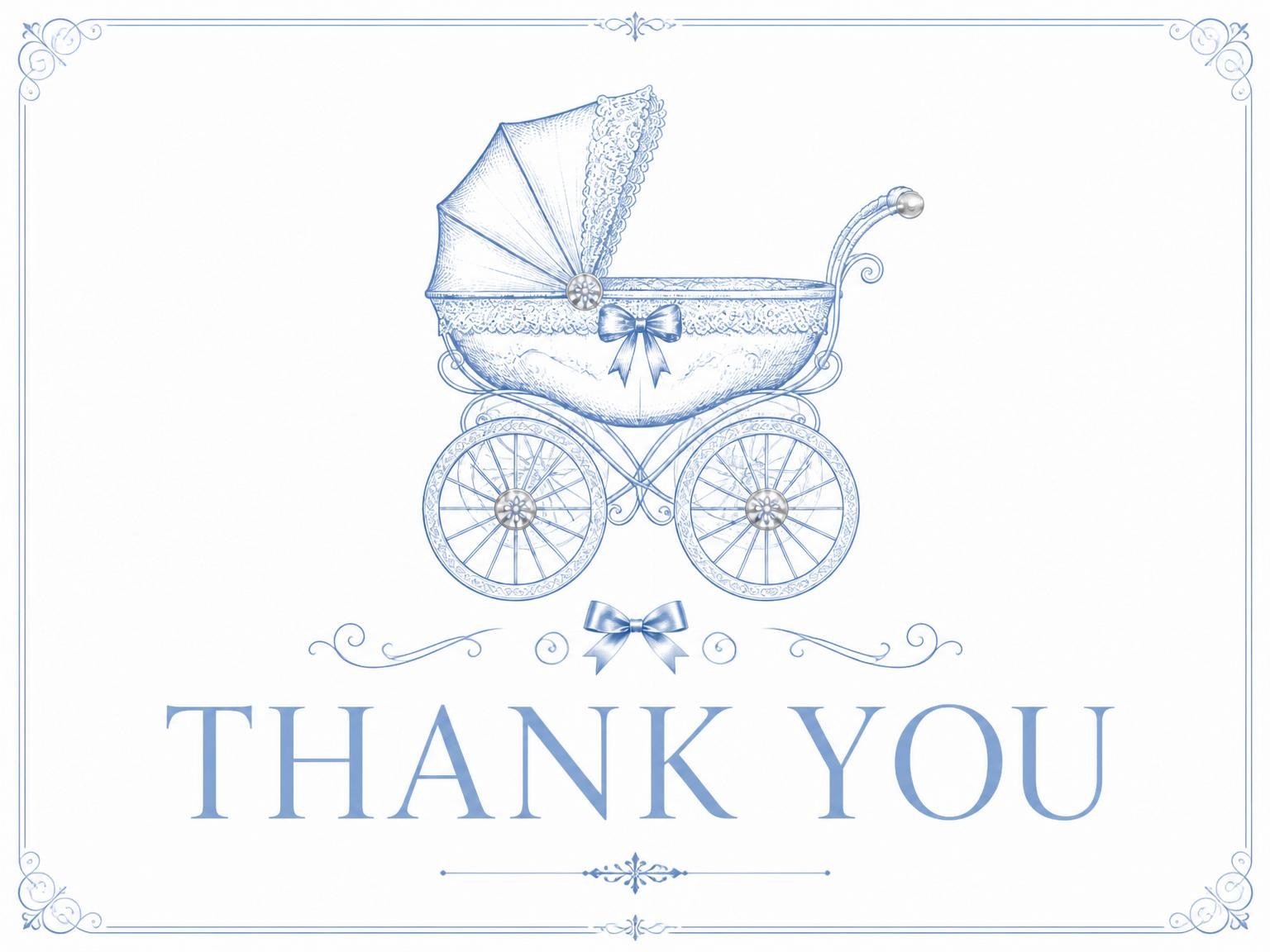 The matching thank-you card for the Blue Vintage Carriage Baby Shower invitation