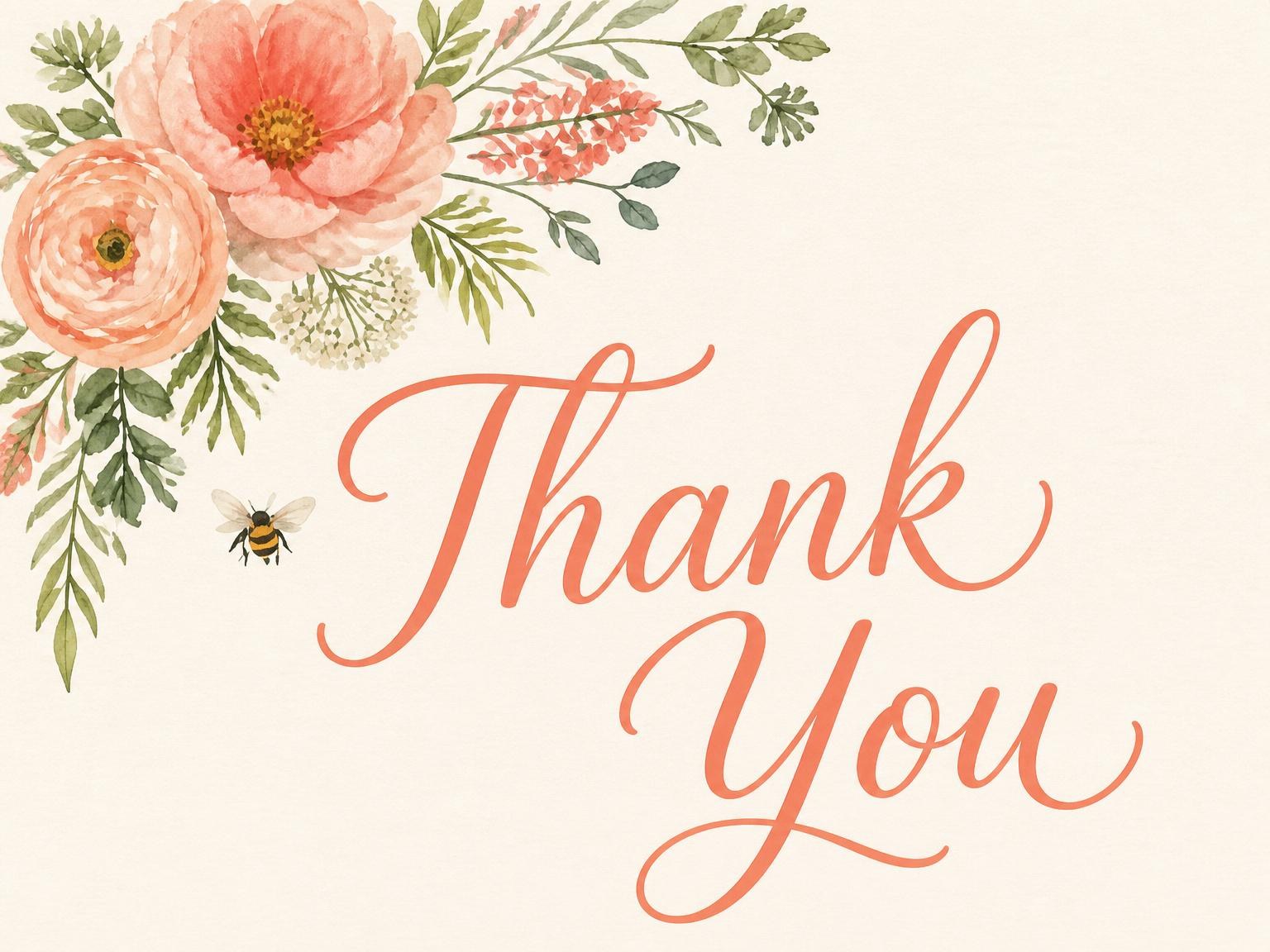 The matching thank-you card for the Watercolor Honeybee Floral Bridal Shower invitation