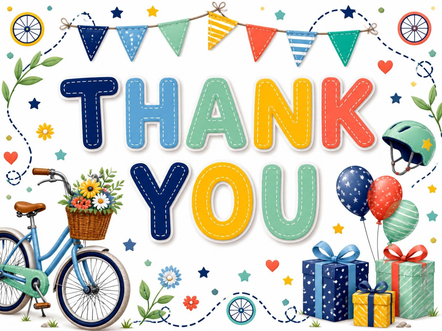 The matching thank-you card for the Stitched Bike Ride 6th Birthday Invitation invitation