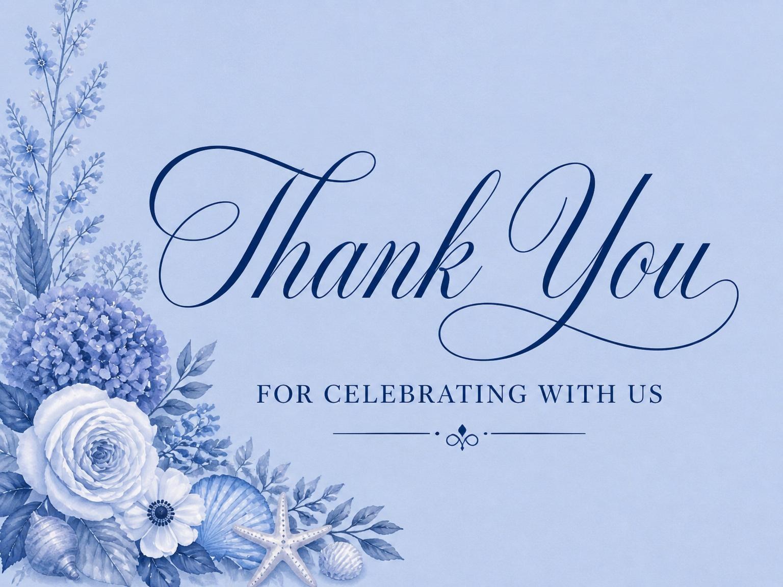 The matching thank-you card for the Indigo Watercolor Coastal Bridal Shower invitation