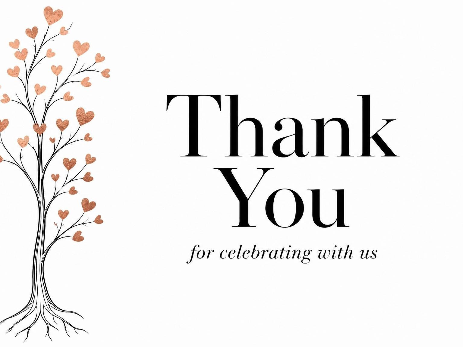 The matching thank-you card for the Rose Gold Heart Tree Baby Shower invitation