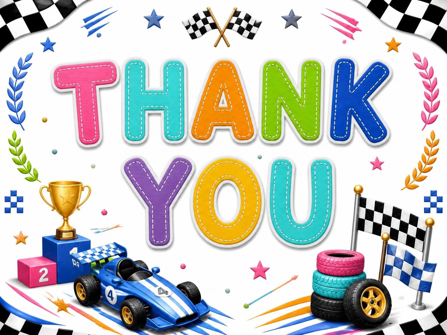 The matching thank-you card for the Stitched Race Car 7th Birthday Invitation invitation
