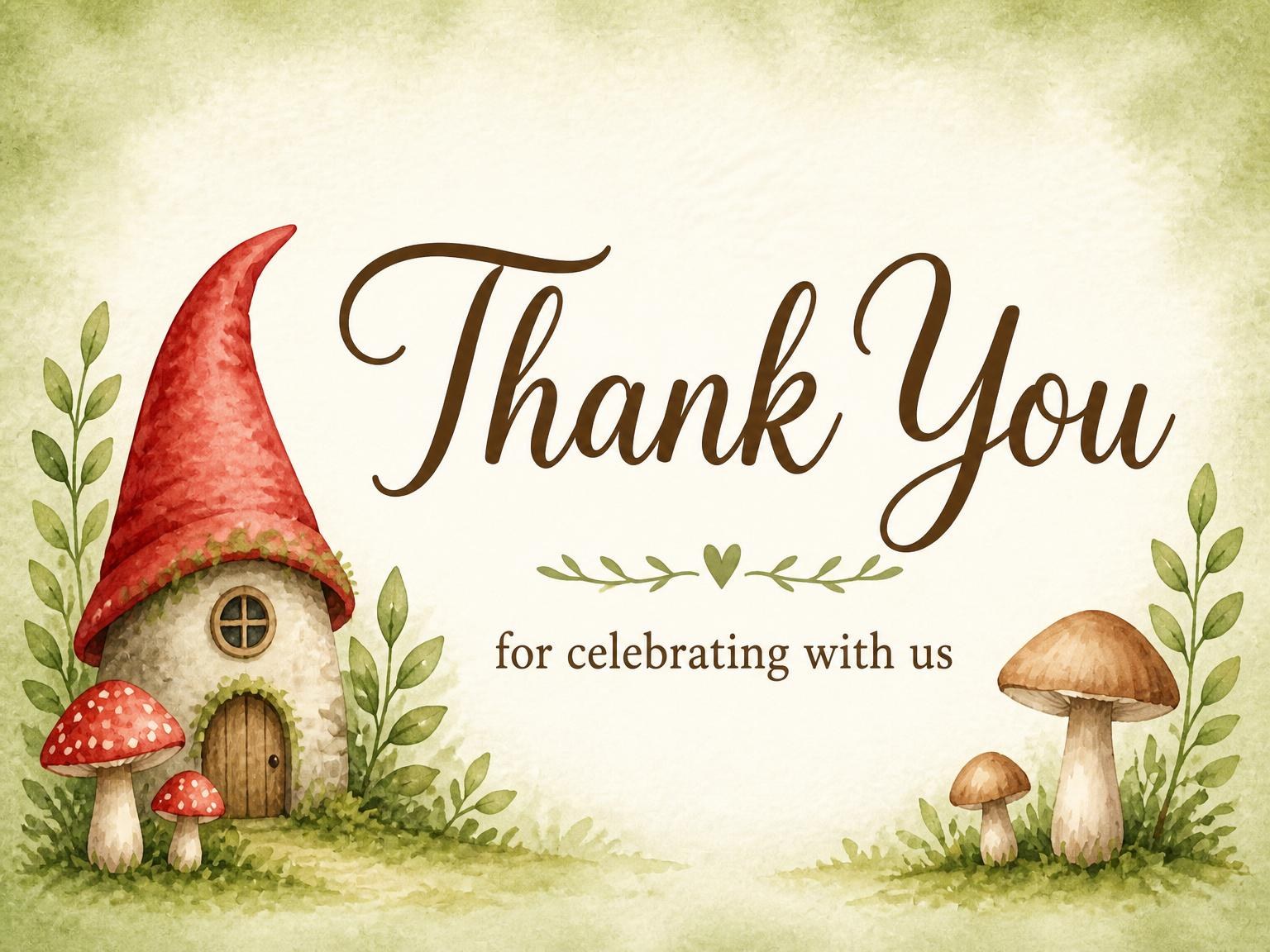 The matching thank-you card for the Watercolor Gnome Woodland 2nd Birthday invitation